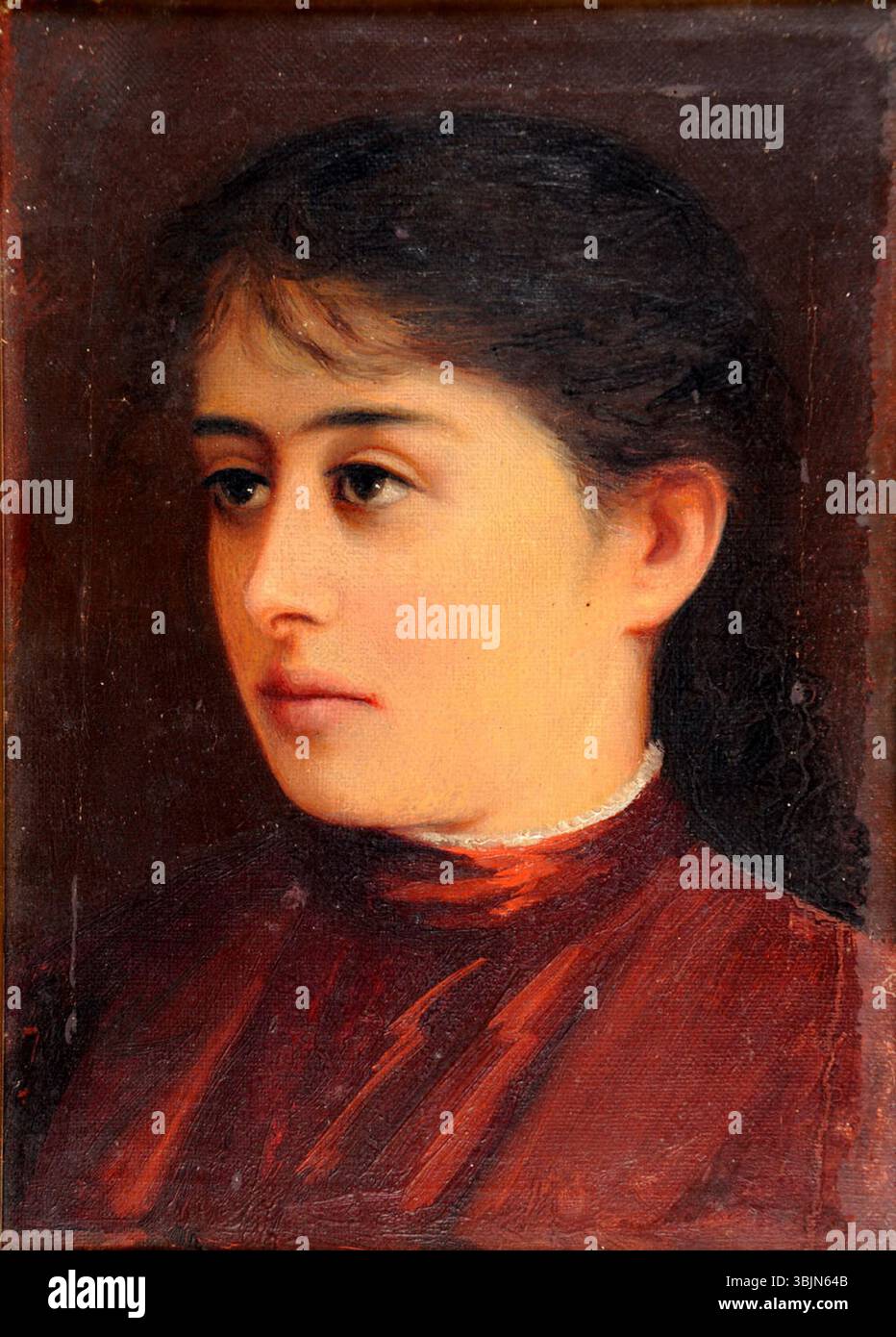 "Portret Anna Popova" (1886) di Kosta Khetagurov è un ritratto conservato nel Museo Nazionale dell'Ossezia del Sud, Tskhinvali. Mostra lo stile dettagliato e realistico dell'artista, catturando l'immagine e la profondità emotiva del soggetto. Foto Stock