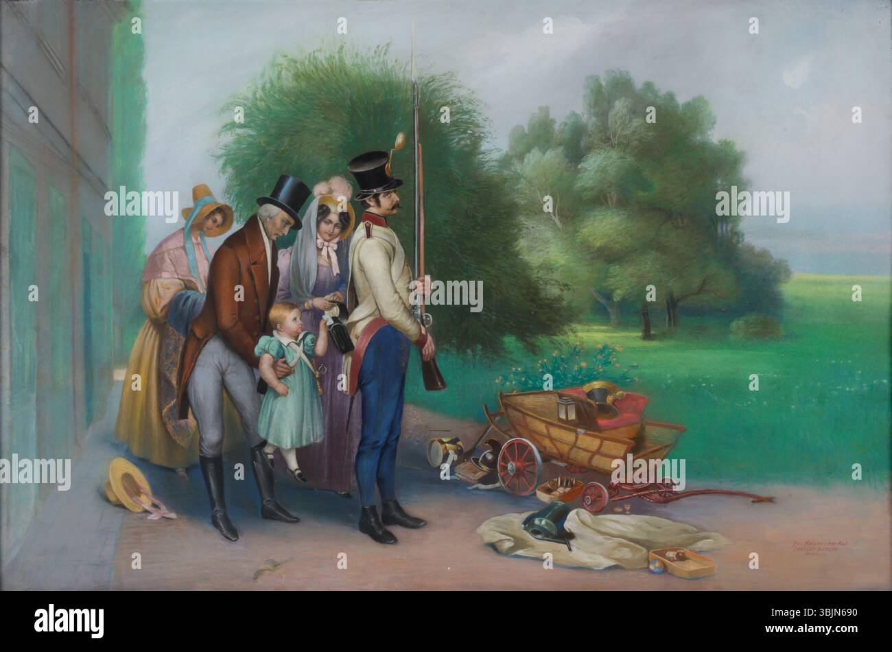 Il Kaiser Franz im Kreise Seiner Familie* di Carlo Scolik, un dipinto pastello su cartone, raffigura l'imperatore Francesco II/i circondato dalla sua famiglia. Il pezzo, firmato e contrassegnato, misura circa 65 x 99 cm. Foto Stock