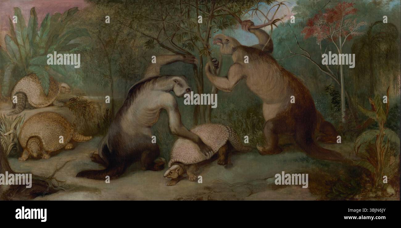 Questo dipinto di Benjamin Waterhouse Hawkins raffigura gli Edentati del Pleistocene della Patagonia. L'opera olio su tela offre una rappresentazione scientifica di creature preistoriche in un contesto naturalistico. Foto Stock