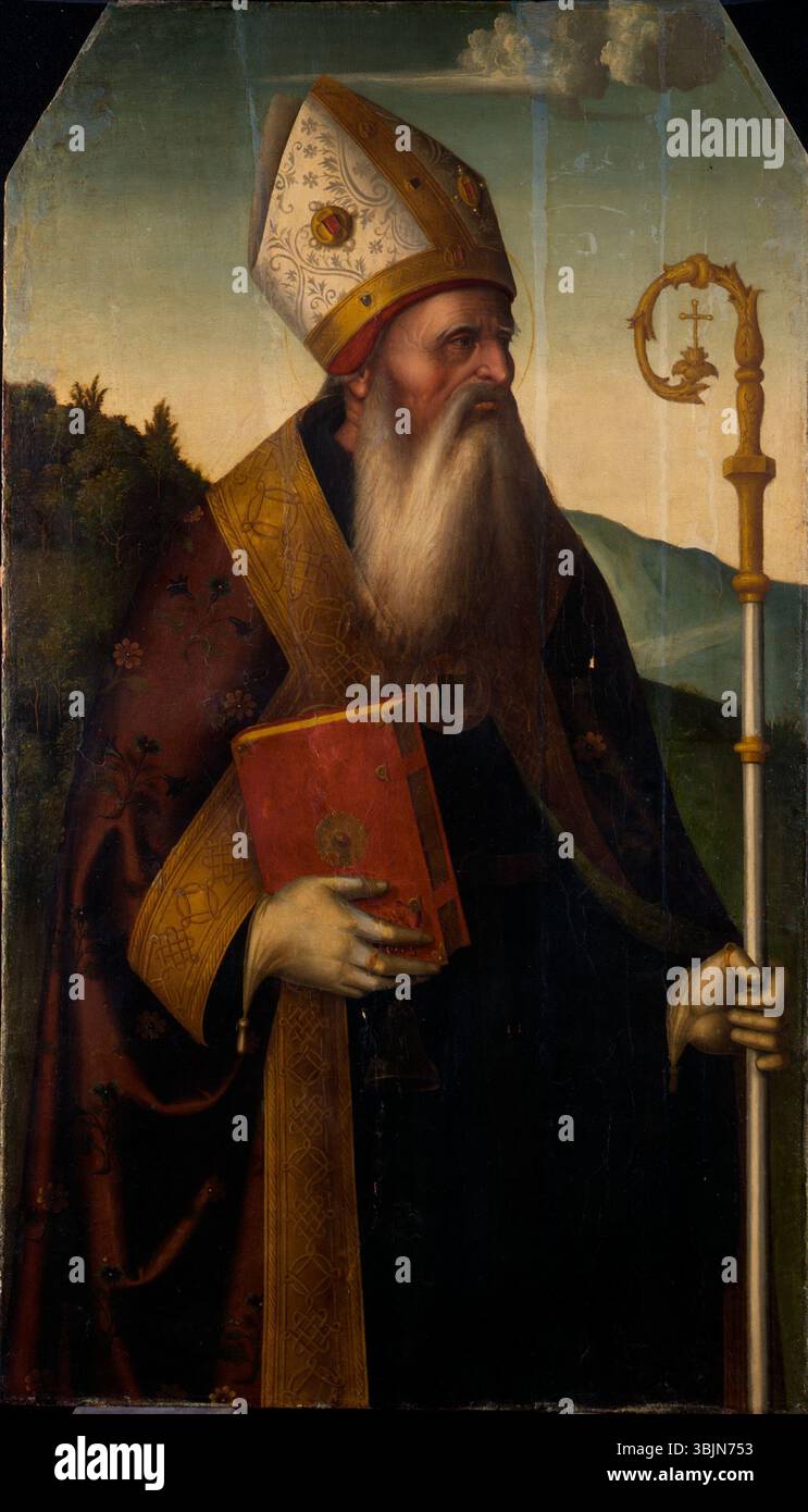 Il "Santo Vescovo" di Marco Palmezzano (1460-1539) è un dipinto ad olio su tavola che raffigura un santo vescovo in abiti ecclesiastici, reso in stile rinascimentale con raffinati dettagli. Foto Stock