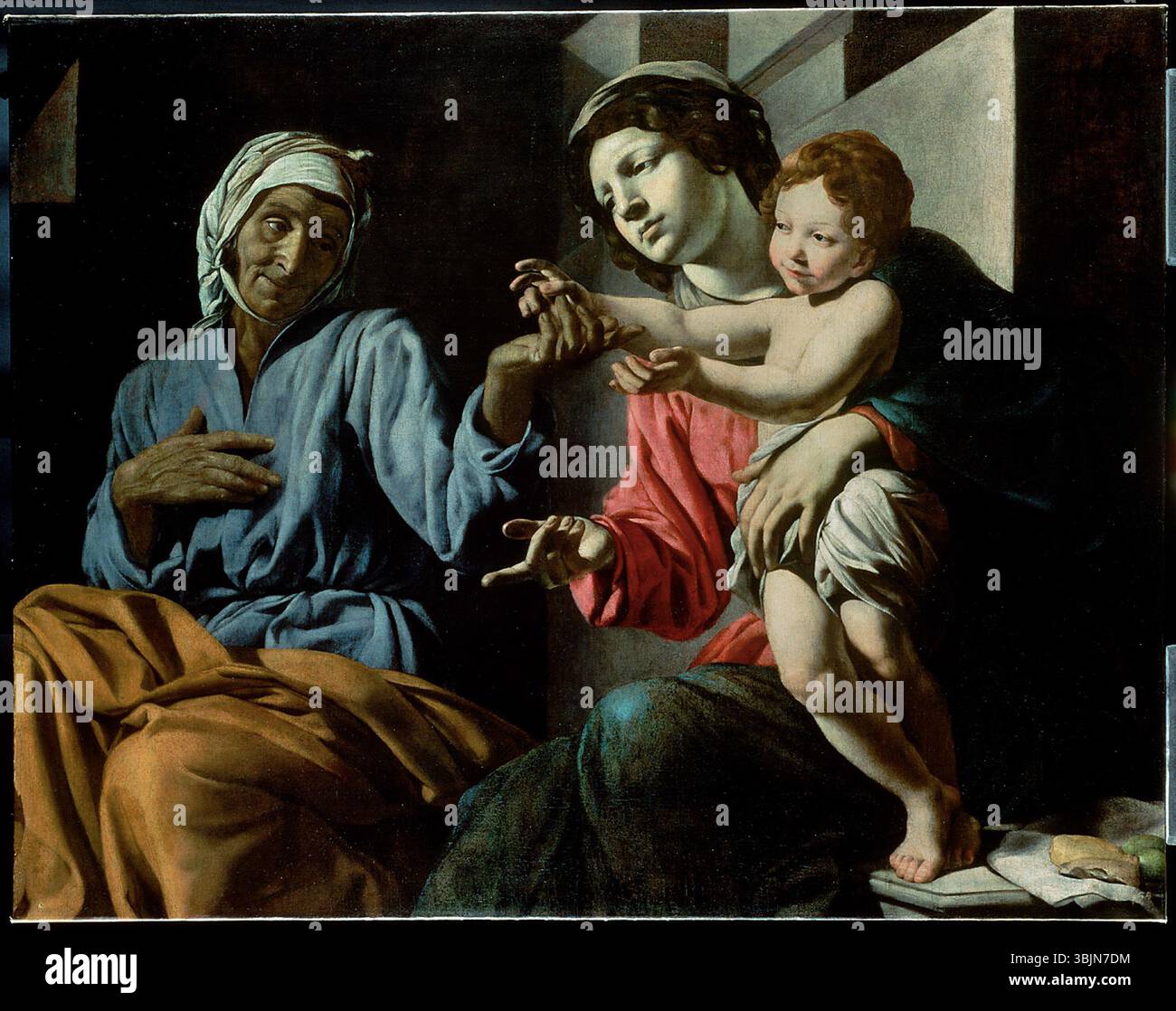 1633 dipinto ad olio di Battistello Caracciolo raffigurante Madonna con bambino e Sant'Anna, composizione religiosa con Maria, Gesù bambino e Sant'Anna. Foto Stock