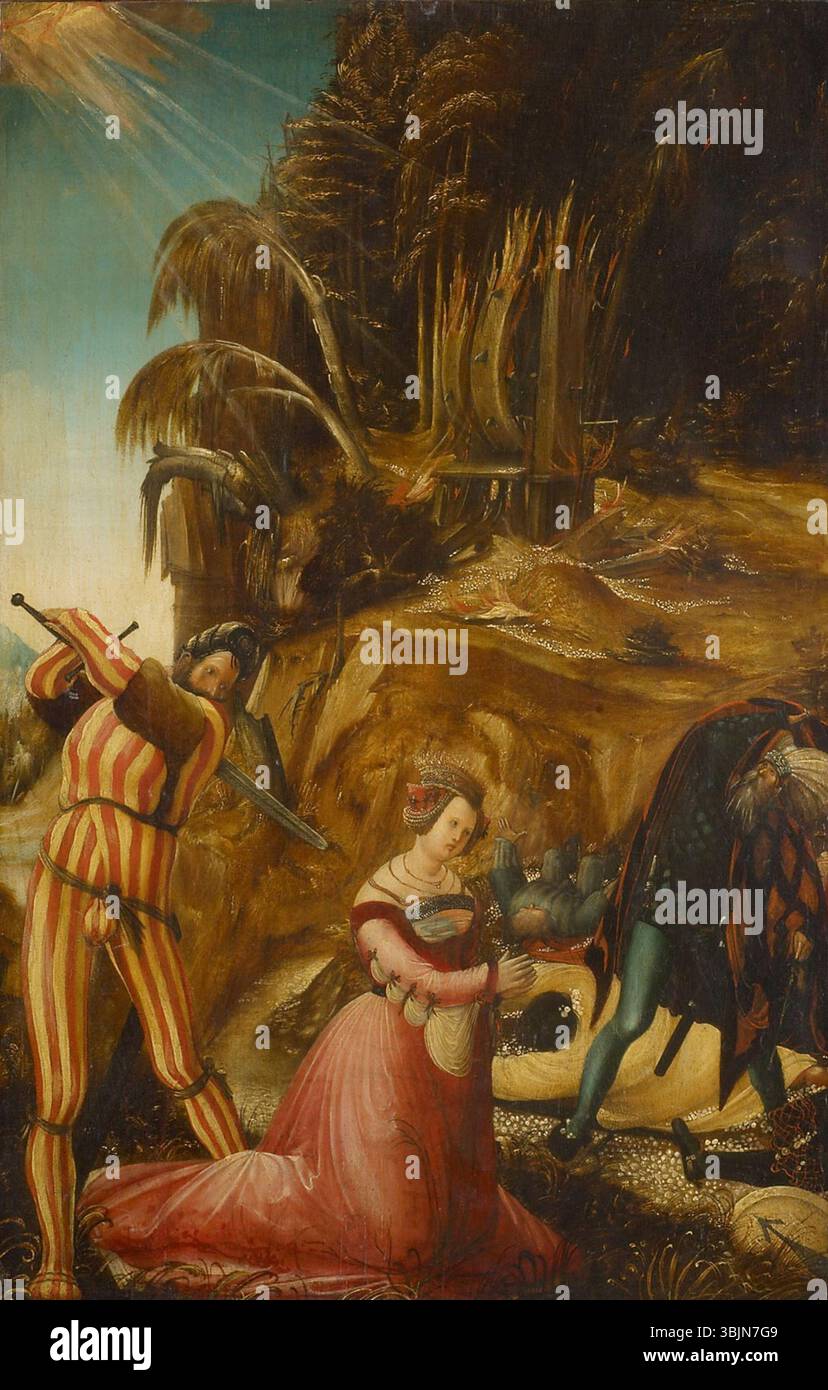 La "decapitazione di Santa Caterina" di Albrecht Altdorfer (1505-1510) cattura il drammatico momento del martirio di Santa Caterina. L'olio sul pannello di calce raffigura il momento prima della sua esecuzione, concentrandosi sull'intensità e la solennità della scena. Foto Stock