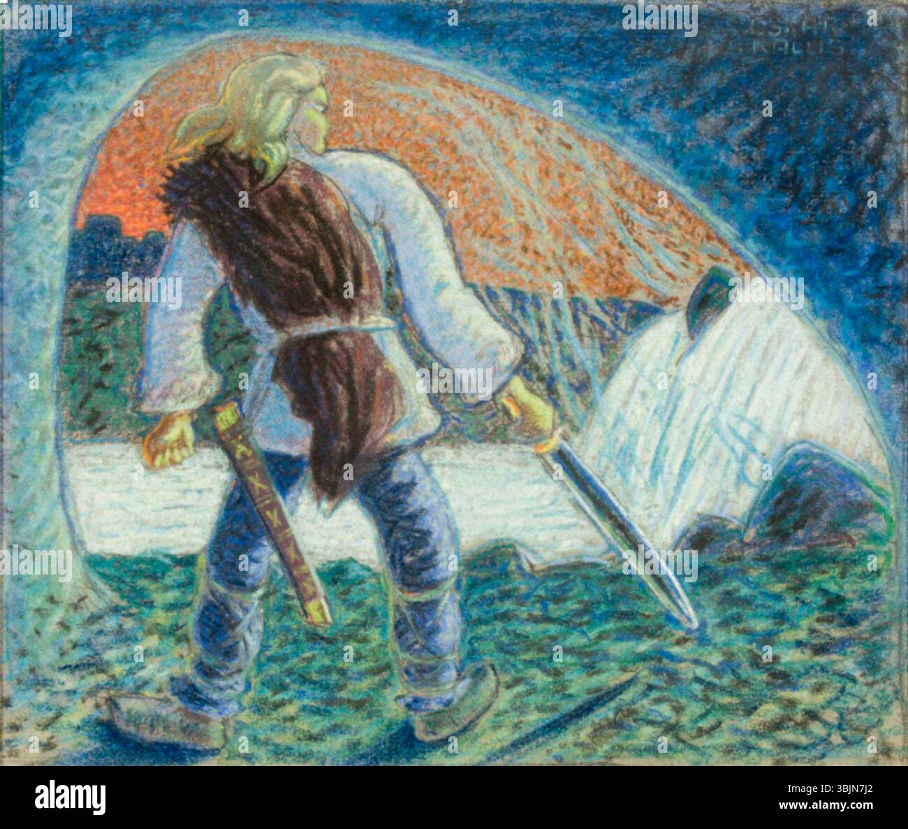 Oskar Kallis (1892-1918) dipinse 'Kalevipoeg mõõgaga' tra il 1912 e il 1913 usando pastello su carta. Il dipinto raffigura Kalevipoeg, un mitologico eroe estone, che regge una spada. Foto Stock