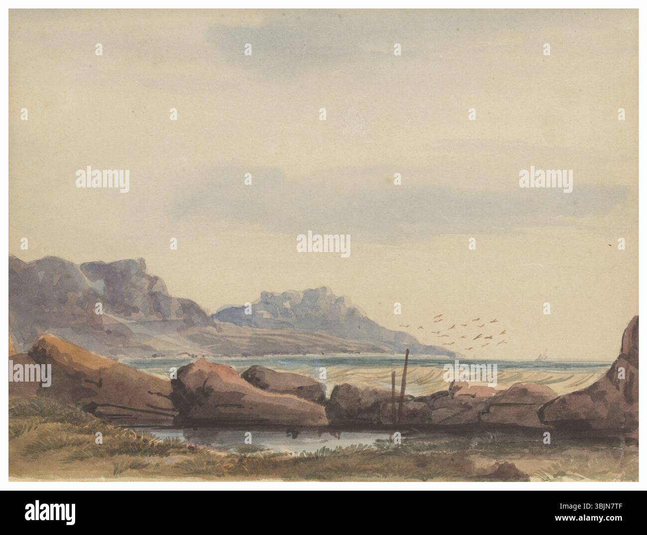 Thomas William Bowler (1812–1869) creò un acquerello su carta intitolato "Camps Bay, Cape of Good Hope". Le opere d'arte mostrano una baia costiera con caratteristiche naturali tipiche della regione del Capo di buona speranza. Foto Stock