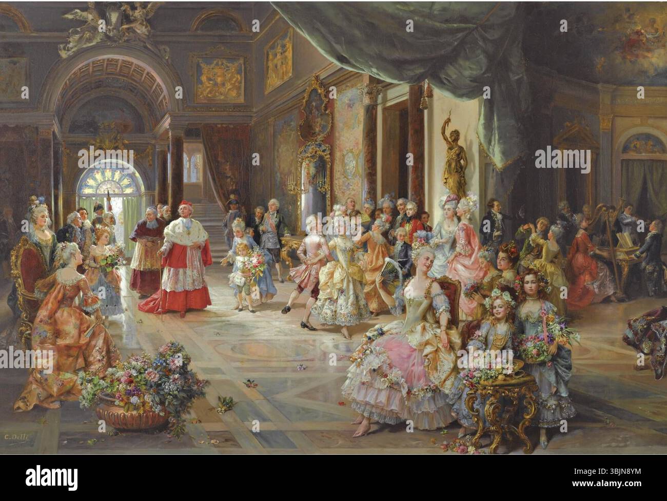 "La Fête" di Cesare Detti presenta una vivace festa all'aperto. Il dipinto cattura l'atmosfera gioiosa di un incontro festoso, mettendo in mostra la vita sociale italiana del XIX secolo. Foto Stock