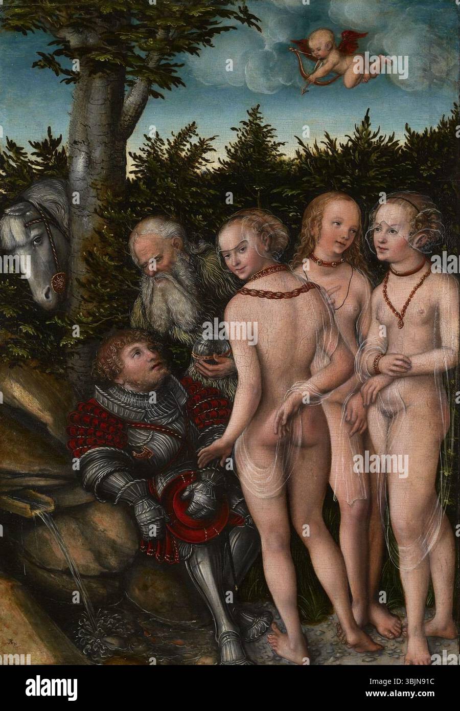Il dipinto "il giudizio di Parigi" di Lucas Cranach il Vecchio, creato tra il 1537 e il 1540, raffigura la storia mitologica di Parigi che sceglie la dea più bella. Si tratta di un dipinto ad olio su pannello ospitato nella Royal Collection. Foto Stock
