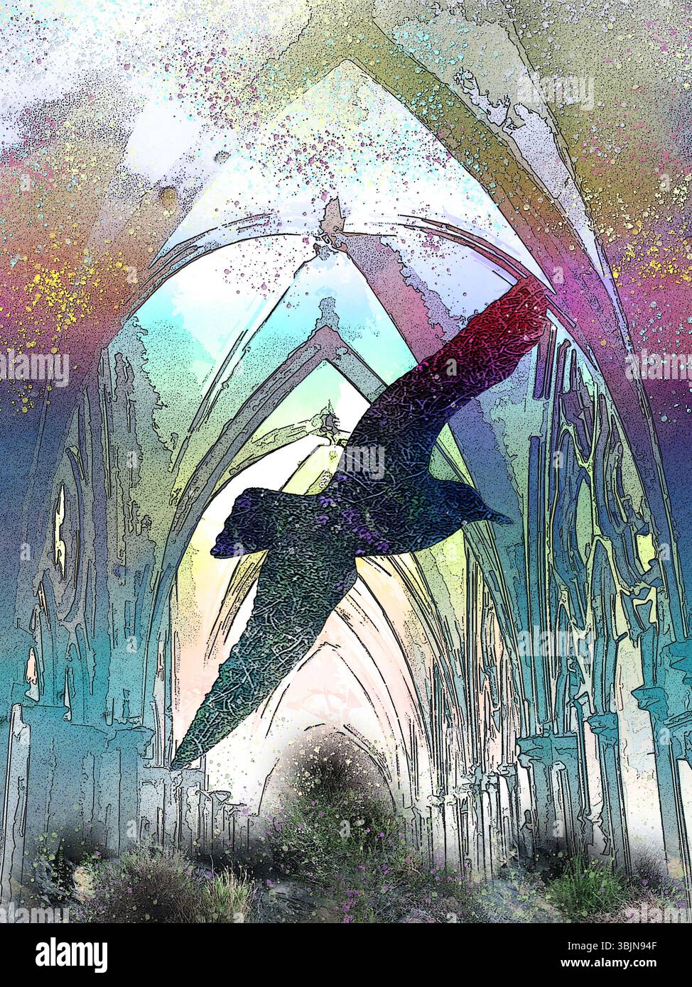 Concept art, uccello naturale all'interno della chiesa abbandonata, soffitto alto, archi in pietra, pieni di fogliame che simboleggiano la ricrescita, il riavvolgimento, la rigenerazione della rinascita Foto Stock