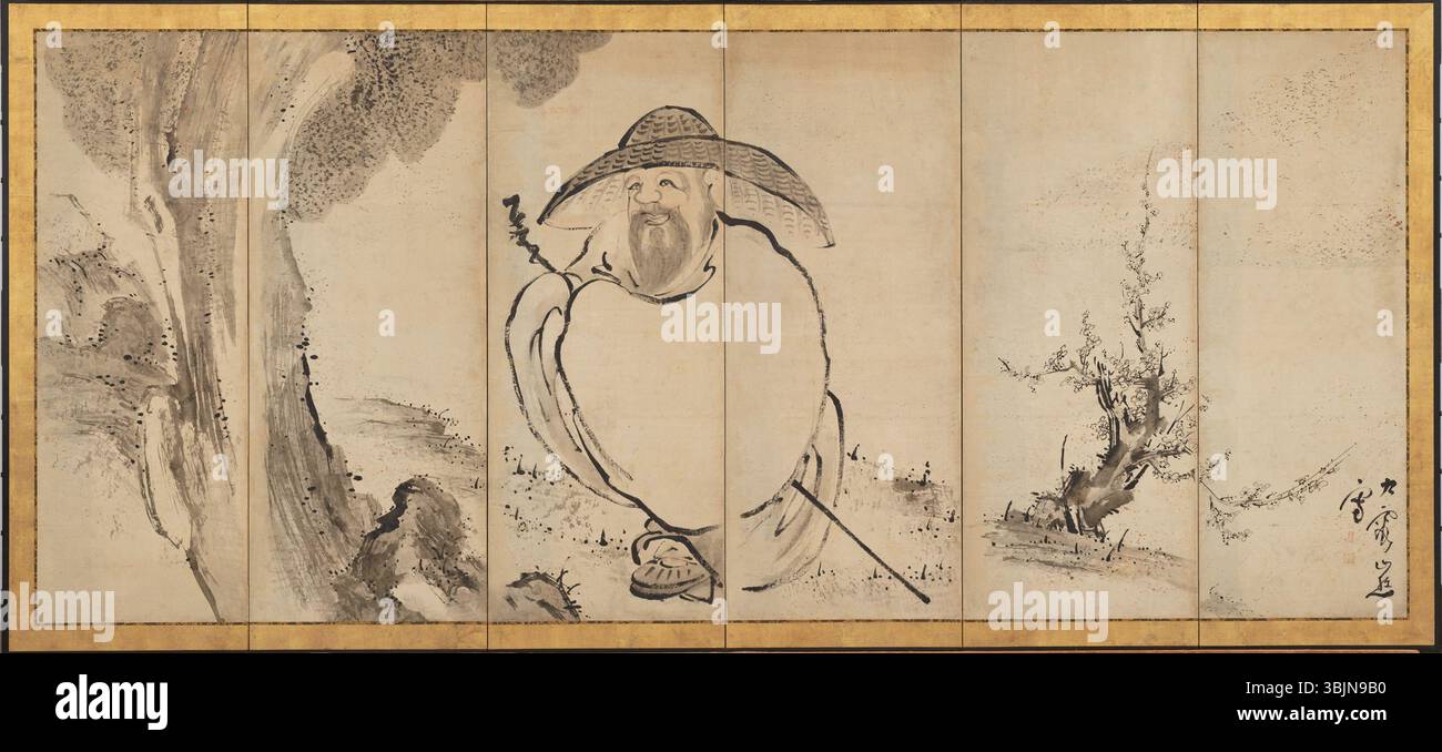 Il poeta su Shi e Meng Jia Loses His Hat di Ikeno Taiga raffigura una scena letteraria con il famoso poeta su Shi, mostrando il suo mondo poetico in un delicato stile pittorico tradizionale giapponese. L'opera mette in evidenza la caratteristica miscela di paesaggi naturali e soggetti umani di Taiga, catturando un momento nella storia letteraria cinese. Foto Stock