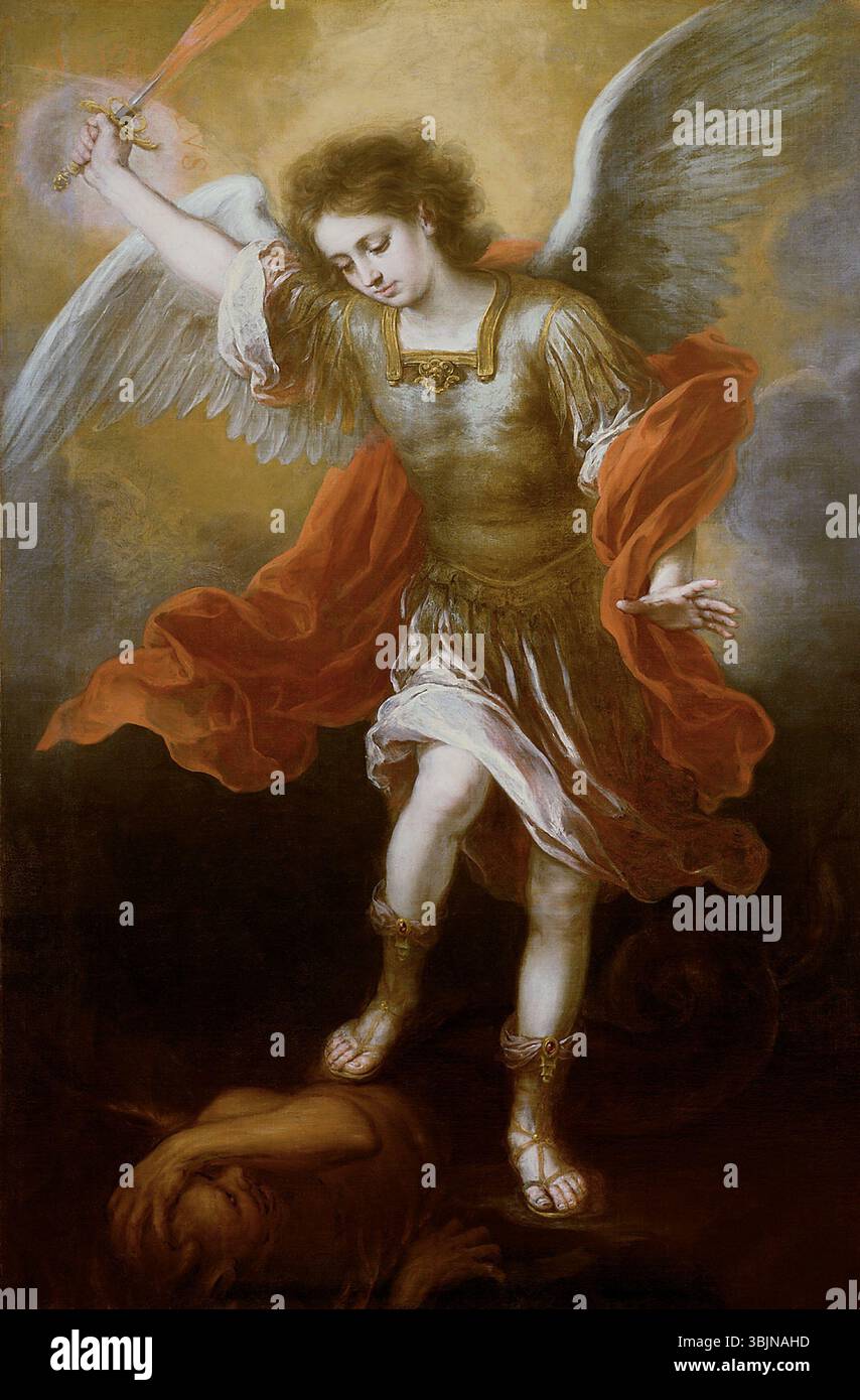 L'Arcangelo Michael di Bartolomé Estéban Murillo che tuffa il Diavolo nell'Abisso* (1665-1668) raffigura il momento drammatico dell'Arcangelo Michele che getta il diavolo nell'abisso. L'olio su tela cattura la battaglia spirituale con un intenso realismo e una composizione dinamica. Foto Stock