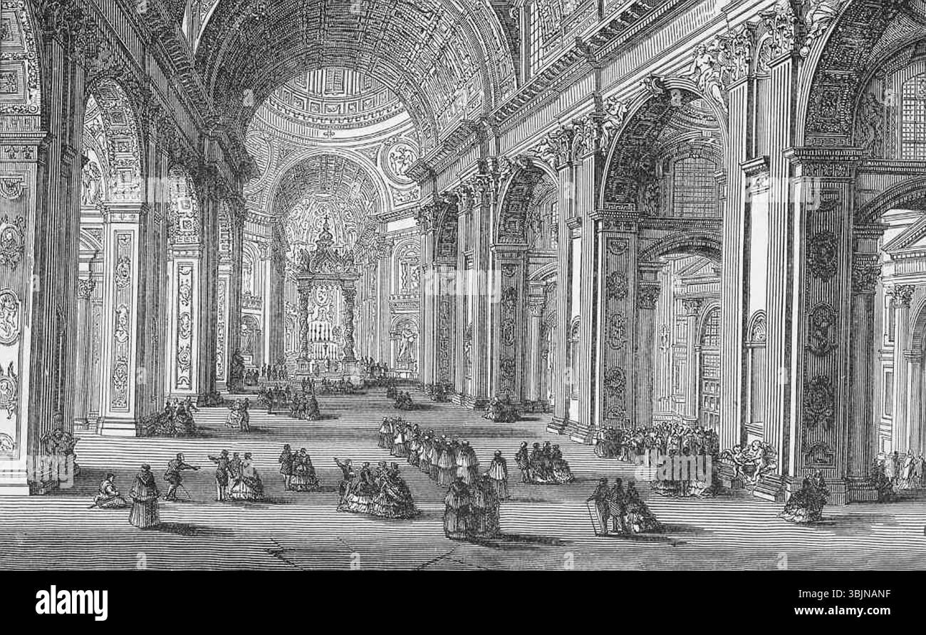 Questo disegno di John Gilmary Shea (1870) mostra l'interno della basilica di San Pietro nella città del Vaticano. Cattura la grandezza e il design architettonico di una delle chiese più importanti del mondo cattolico. Foto Stock