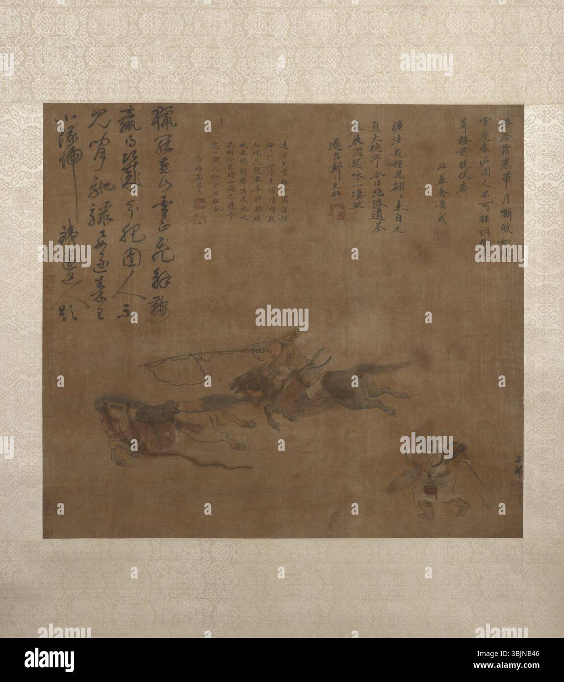 Il "Cavallo lassista mongolo" di Zhao Mengfu è un dipinto a inchiostro che raffigura un cavaliere mongolo che cattura un cavallo. L'opera riflette lo stile della dinastia Yuan, mescolando movimento dinamico con intricate pennellate. Foto Stock