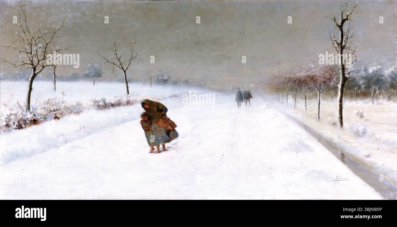 *Inverno* (1901) di Pasquale Celommi raffigura una scena invernale con un focus sui forti contrasti tra luce e ombra, catturando il freddo e la quiete della stagione. Il dipinto riflette la padronanza del naturalismo di Celommi e la sua capacità di evocare l'atmosfera dell'inverno. Foto Stock