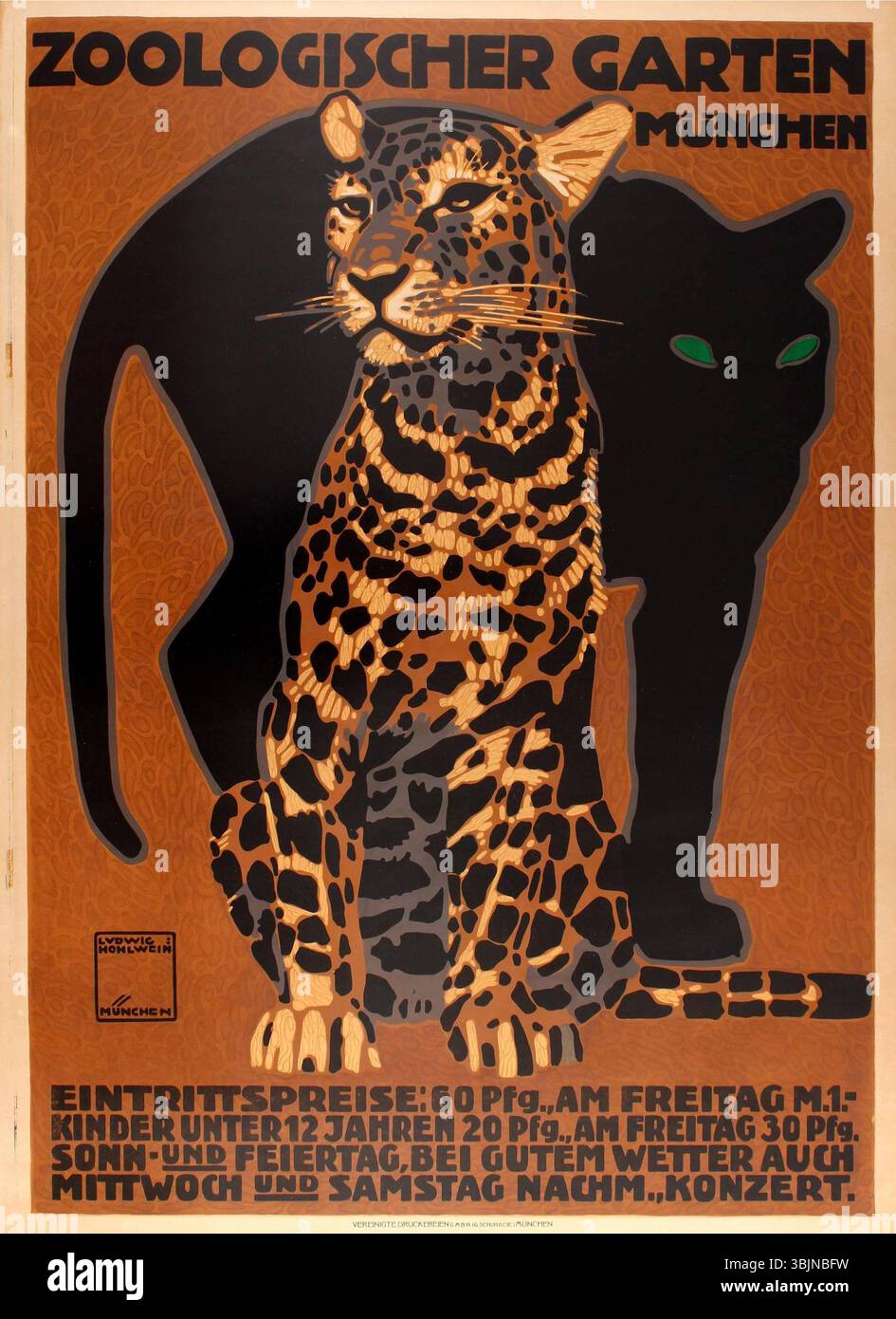 Questo poster del 1912 di Ludwig Hohlwein promuove lo zoo di Monaco, catturando animali dai colori vivaci e dalla composizione dinamica. Riflette lo stile del marketing visivo dei primi anni del XX secolo e le attrazioni dello zoo. Foto Stock