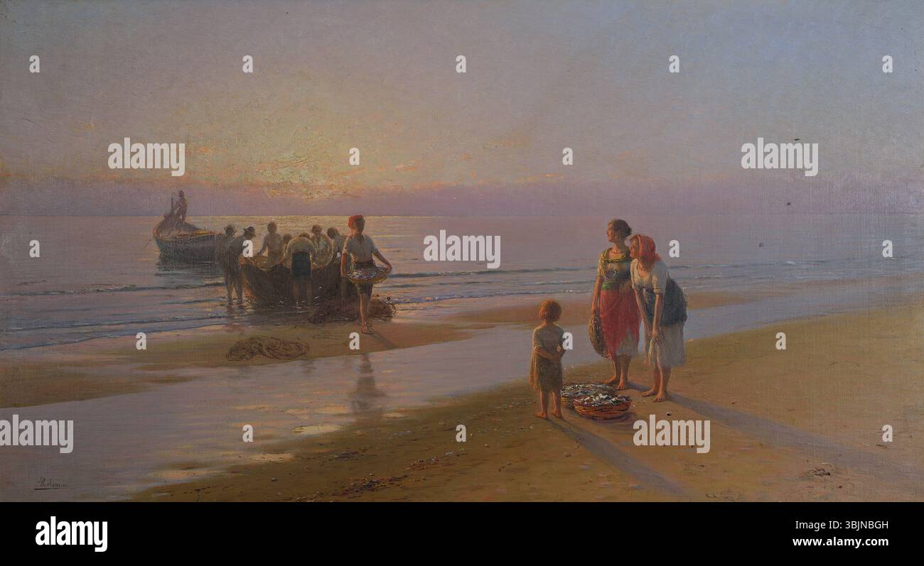 "Il pescato della sciabica" (1890) di Pasquale Celommi raffigura una scena di pescatori al lavoro, che catturano il pesce utilizzando una tradizionale rete da pesca "sciabica". Il dipinto mette in evidenza la natura ad alta intensità di lavoro della pesca nelle regioni costiere italiane, con particolare attenzione agli sforzi degli uomini e al vibrante ambiente marino. Foto Stock