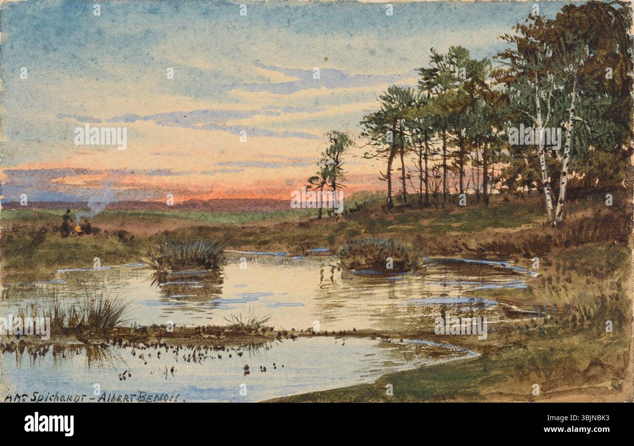 La cartolina ad acquerello del 1906 di Albert Benois, "tramonto", raffigura una tranquilla scena al tramonto in un paesaggio lungolago. L'opera d'arte, inviata a Madame de Spichardt a Davos, cattura la serena bellezza della natura durante il crepuscolo, mostrando l'abilità di Benois nel catturare luce e colore naturali. Foto Stock