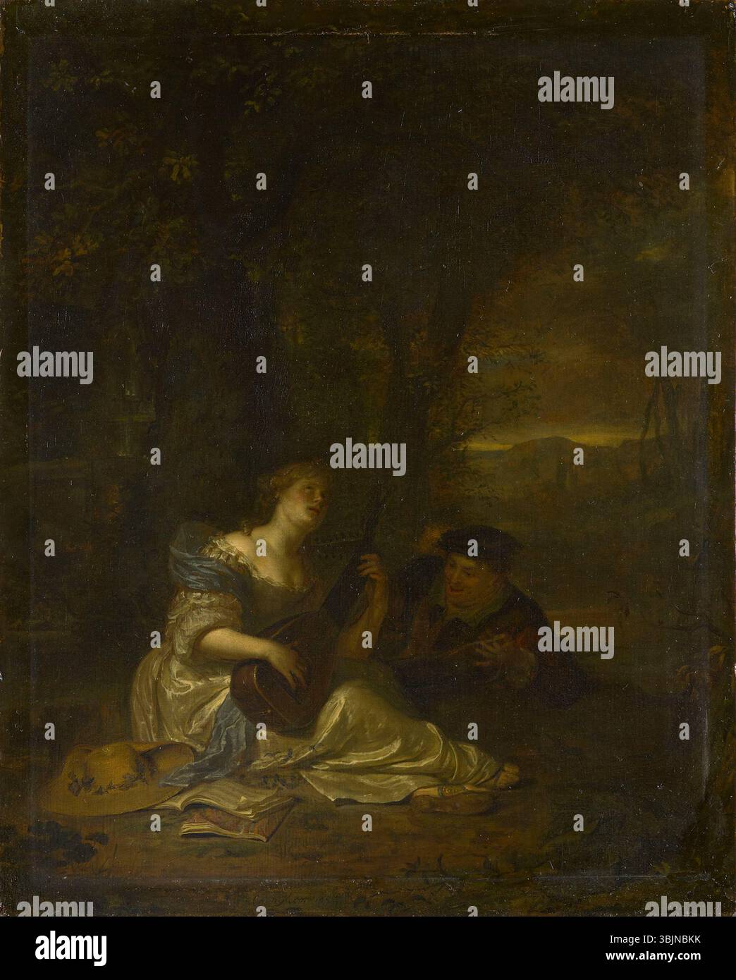 Il duetto di Carel de Moor (1710-1720) è un dipinto ad olio che raffigura due figure, probabilmente musicisti, impegnati in un duetto. La composizione enfatizza l'armonia e l'abilità nella musica, presentata attraverso ritratti dettagliati tipici della pittura olandese del XVIII secolo. Foto Stock