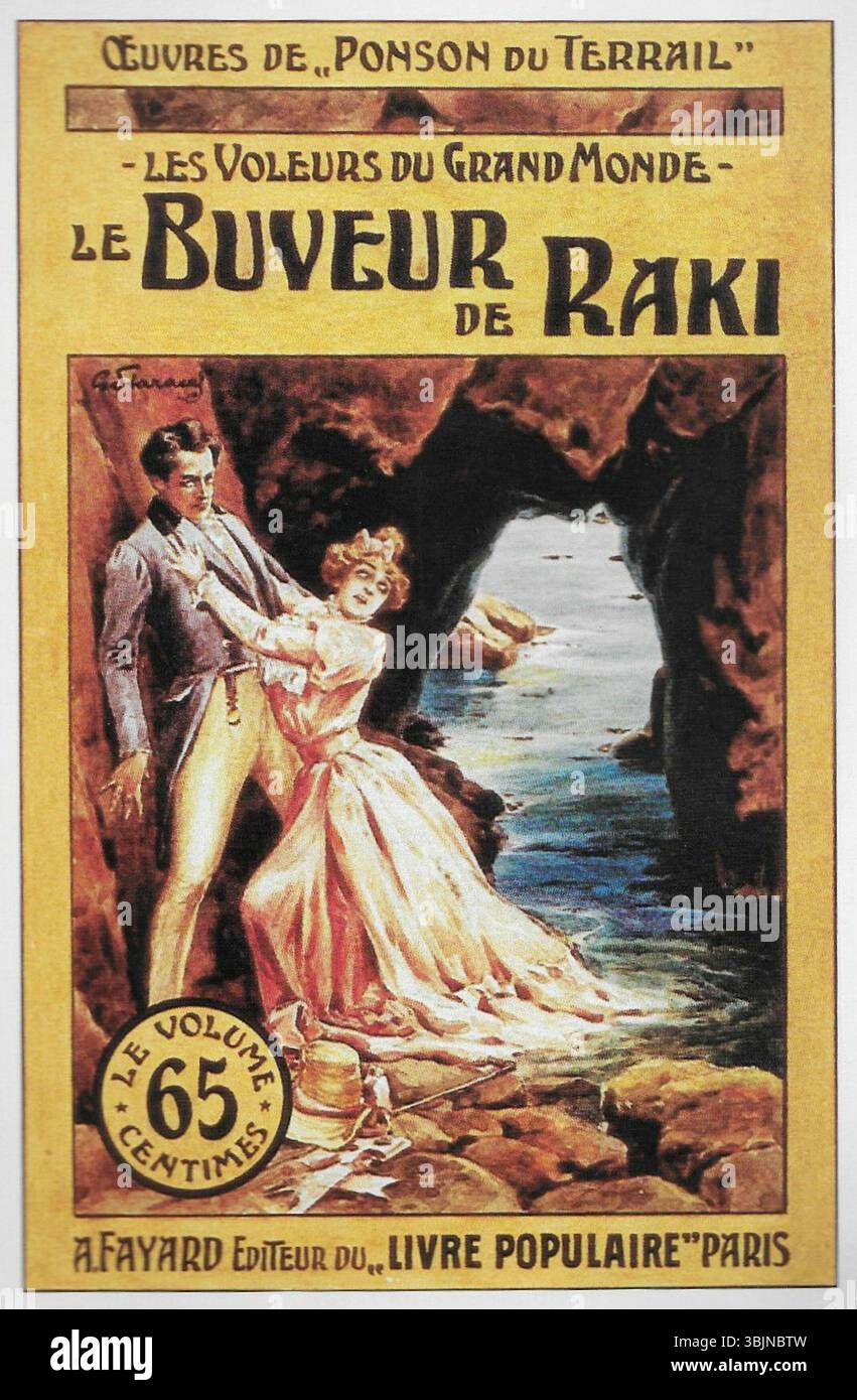 Illustrazione di Gino Starace del 1910 per "Les Voleurs du Grand monde". Le Buveur de raki' di Ponson du Terrail, raffigura una copertina per la riedizione del romanzo. La copertina, vibrante e dettagliata, rappresenta visivamente i temi del romanzo di intrigo e crimine. Lo stile audace ed espressivo di Starace cattura l'essenza della storia, evocando un senso di dramma e suspense. Foto Stock