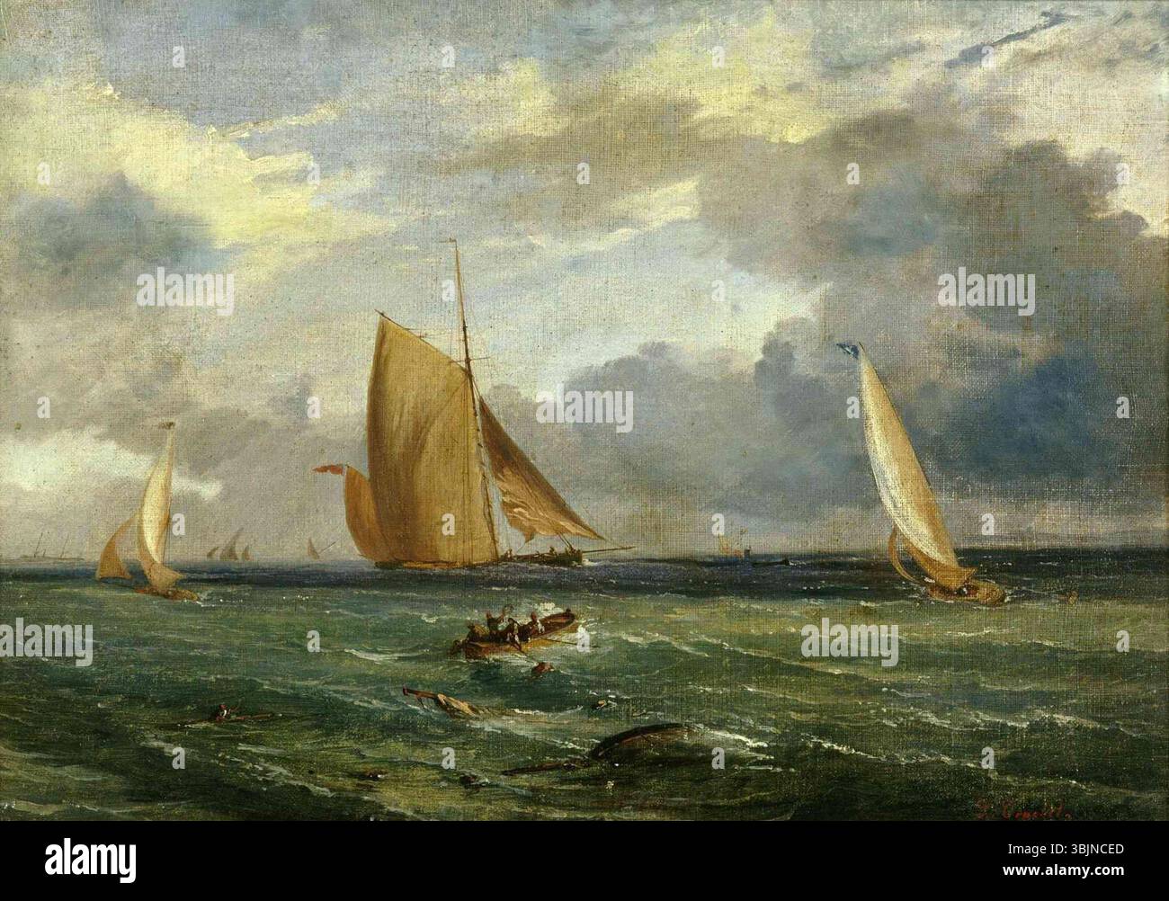 *Bateaux en Régate et Scène de Pêche au large du Cap d'Antibes* di Dominique Trachel (1830-1897) è un dipinto ad olio su tela che raffigura barche in una regata e una scena di pesca al largo della costa di Cap d'Antibes. Il dipinto mostra la vivacità della vita marittima nel XIX secolo. Foto Stock