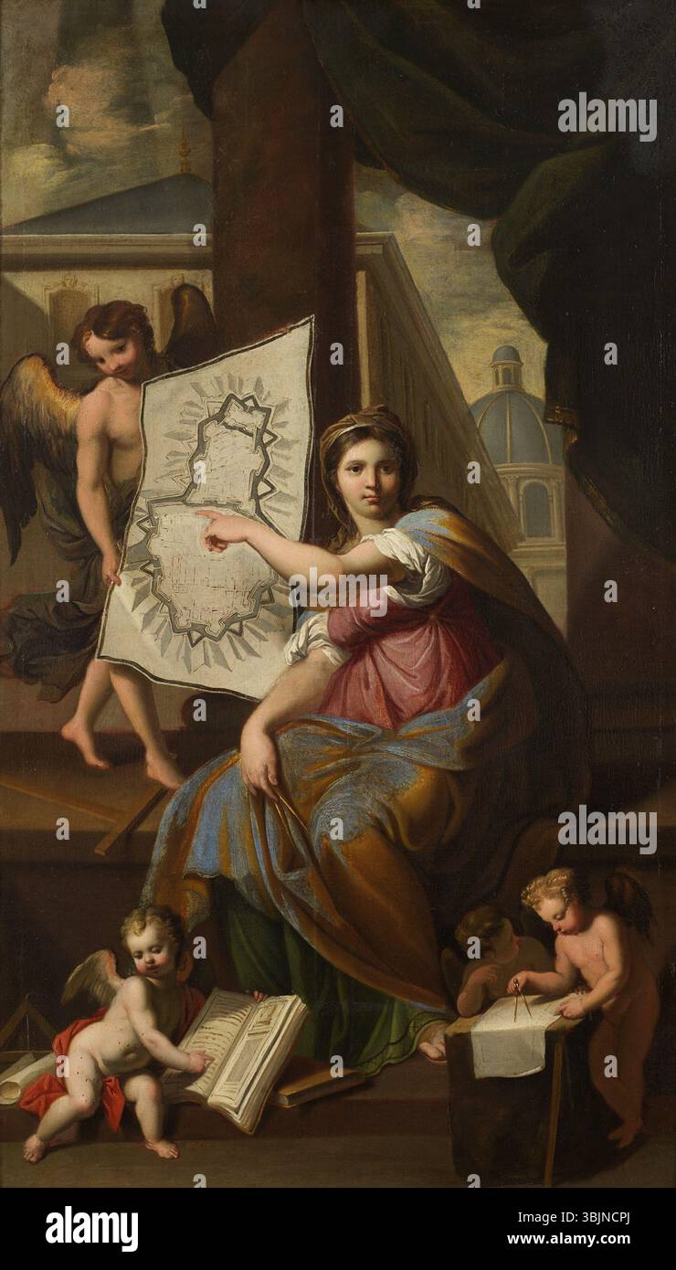 Dipinto ad olio del XVIII secolo "l'Architecture" di Claude Charles, di 133 x 76,5 cm. L'opera presenta elementi architettonici, incentrati sul design strutturale e lo stile dei primi anni '1700 Foto Stock