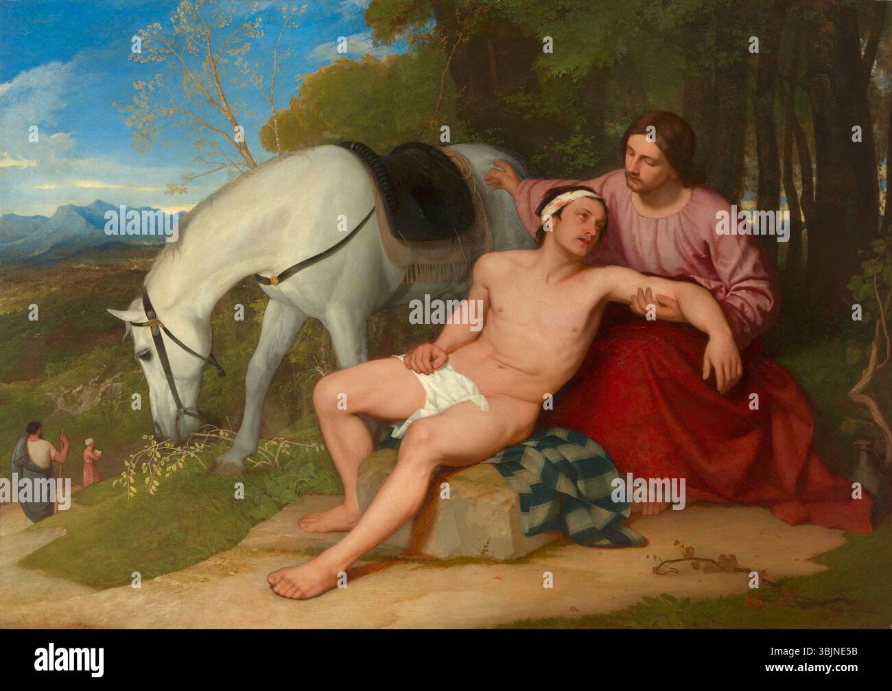 'The Good Samaritan' è un dipinto ad olio del 1850 di Sir Charles Lock Eastlake. L'opera illustra la parabola biblica del buon Samaritano, catturando un momento di compassione e misericordia, con figure dettagliate e una narrazione chiara. Foto Stock
