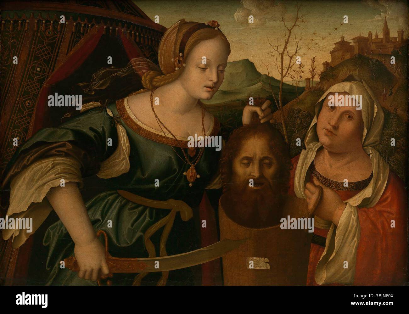 "Giuditta con la testa di oloferne" di Marco Palmezzano, dipinta alla fine del XV secolo, ritrae la storia biblica di Giuditta decapitando il generale assiro Holoferne. L'opera è una potente rappresentazione dell'eroismo femminile e della narrazione biblica. Foto Stock