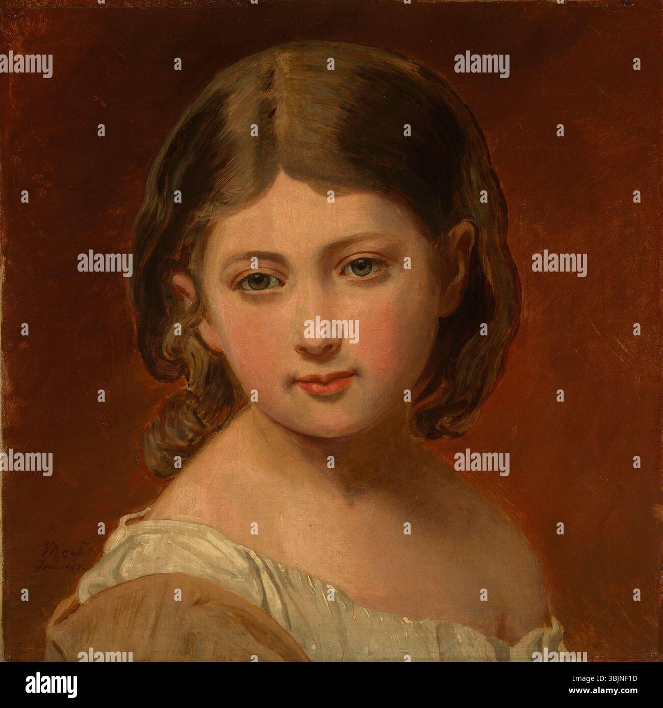 Il ritratto della regina Vittoria "semplicità" (1858) presenta il monarca in un ambiente minimalista, enfatizzando la sua espressione dignitosa e la semplicità reale. L'olio su tela la mette in risalto come simbolo di modestia e forza nell'era vittoriana. Foto Stock