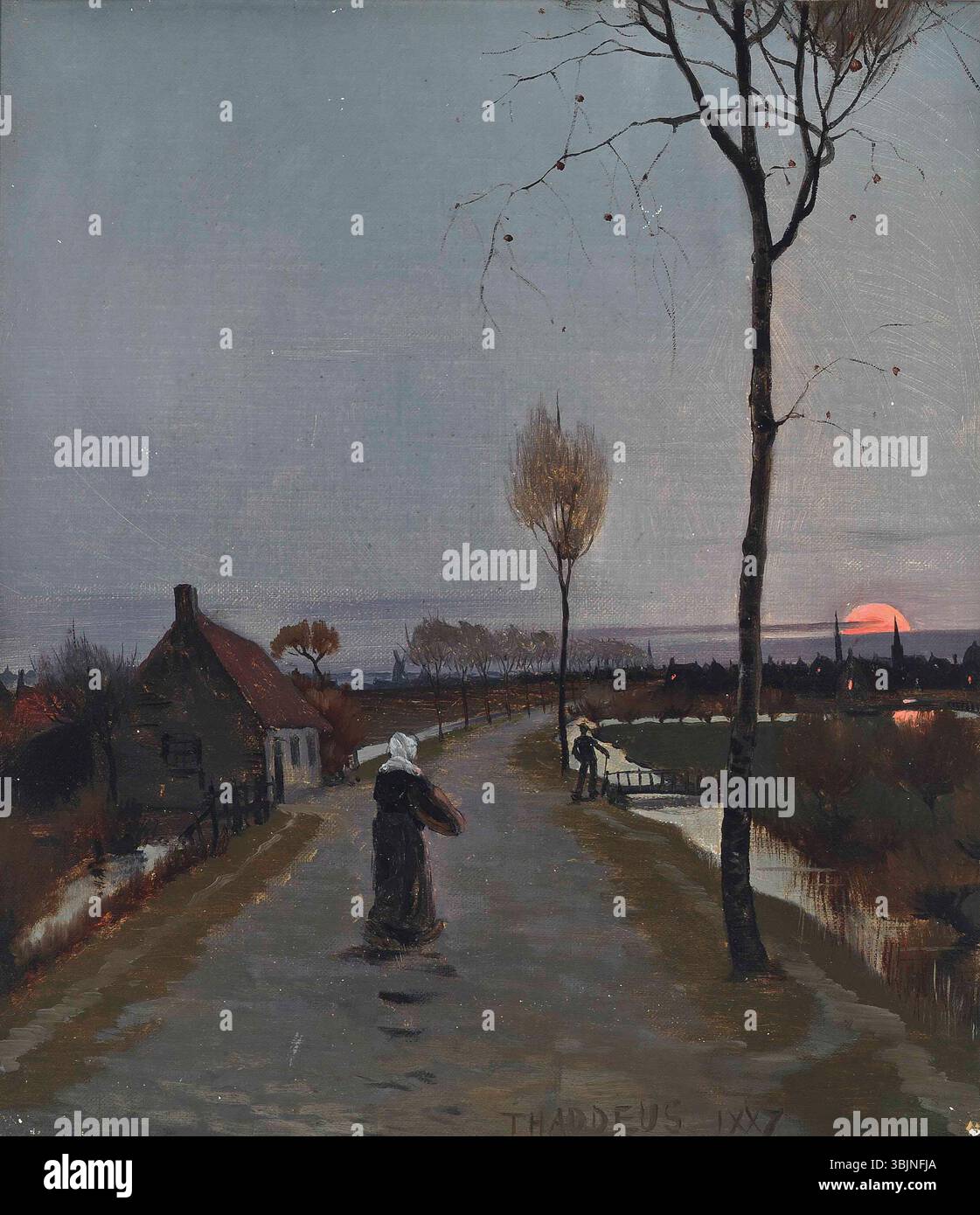 "Red Sky at Night" di Henry Jones Thaddeus è un dipinto a olio su tela che raffigura un cielo drammatico al crepuscolo. La scena cattura le vivaci tonalità di rosso e arancione del cielo mentre il sole tramonta, con il paesaggio circostante ammorbidito al crepuscolo. Foto Stock