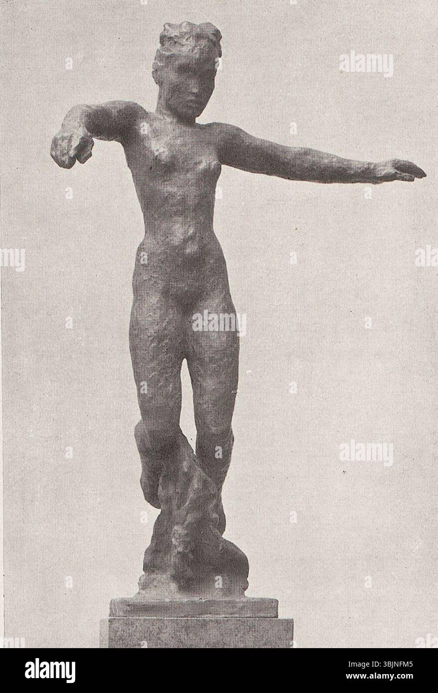 "Fliegende" (volando) di Georg Kolbe (1928) è una scultura in bronzo che ritrae una figura a metà movimento, catturando l'essenza del volo e del movimento. Il pezzo riflette l'attenzione di Kolbe sul corpo umano e la forma dinamica nelle sue sculture. Foto Stock