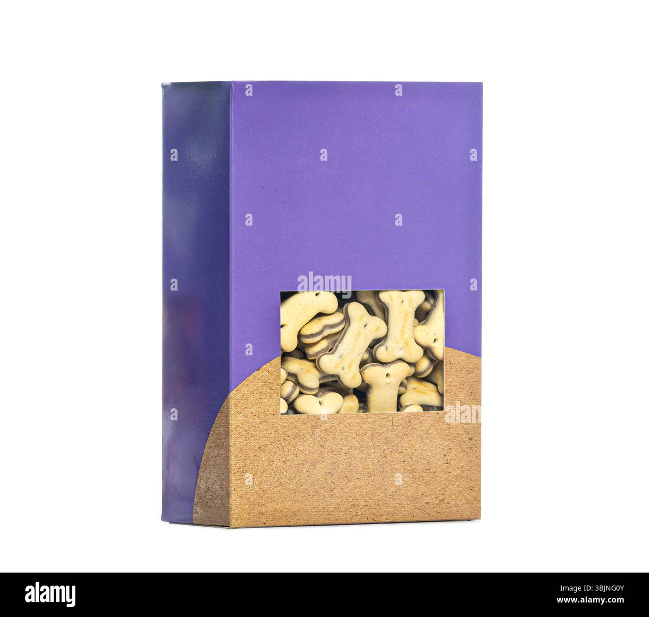 Scatola di cartone viola e marrone di biscotti per cani a forma di osso isolata su sfondo bianco, design della confezione Foto Stock