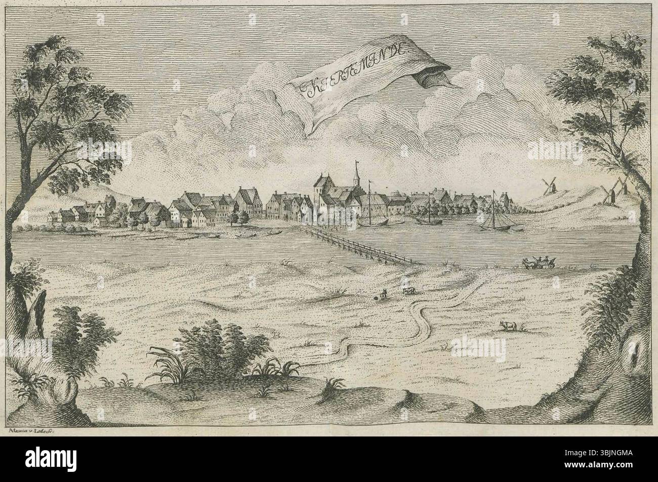 L'incisione in rame del 1767 di Alexia de Lode, "Prospekt af Kerteminde", raffigura una vista panoramica di Kerteminde, Danimarca. Questa incisione faceva parte del suo contributo a "Den danske Atlas", un atlante danese pubblicato postumo nel 1767, che mostrava paesaggi e città danesi. Foto Stock
