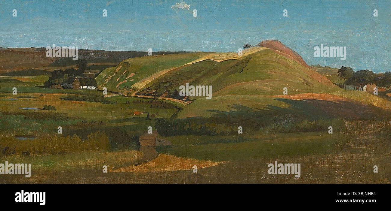 "Landskabsstudie fra Sørups Vang" di Johan Thomas Lundbye è un dipinto ad olio del 1838 di un paesaggio a Sørup Vang. Lo studio di Lundbye sulla campagna mostra la sua abilità nel rappresentare scene naturali con dettagli e atmosfera realistici. Foto Stock