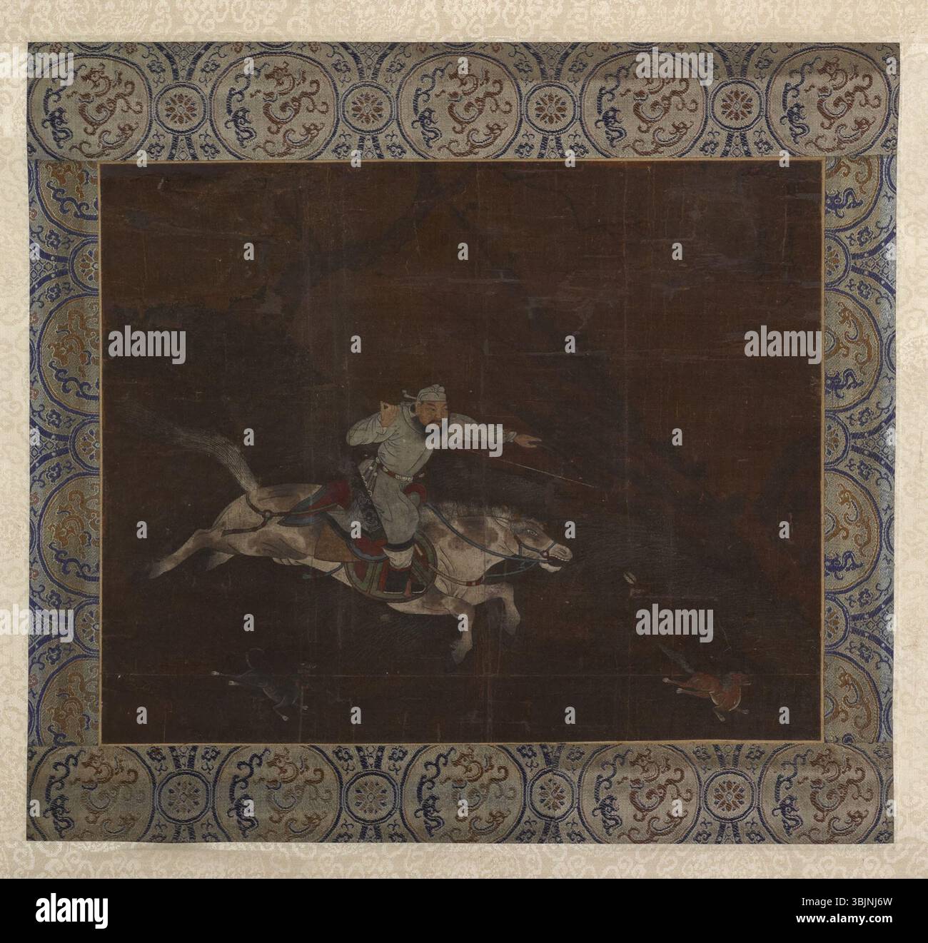 Il dipinto di Zhao Mengfu "cavaliere mongolo" della dinastia Yuan mostra un guerriero mongolo a cavallo, una rappresentazione dinamica della vita militare storica in Cina durante il periodo Yuan. Foto Stock
