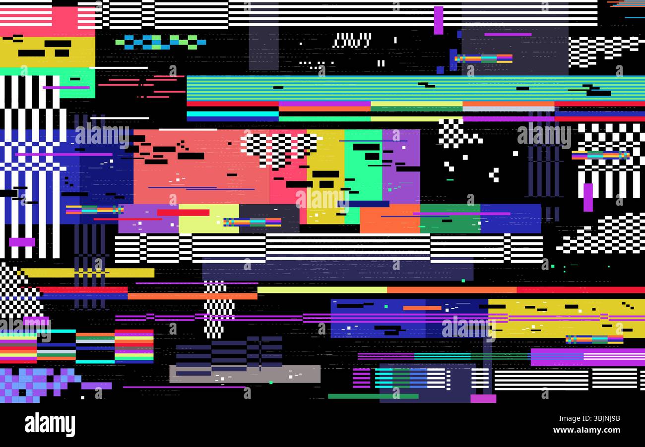 Banner di distorsione tv o sfondo del segnale assente vettoriale. Errore di trasmissione retrospettiva o di trasmissione analogica vintage del canale. Rumore striato dell'antenna. Schermata di prova della comunicazione broadcast. Supporto Illustrazione Vettoriale