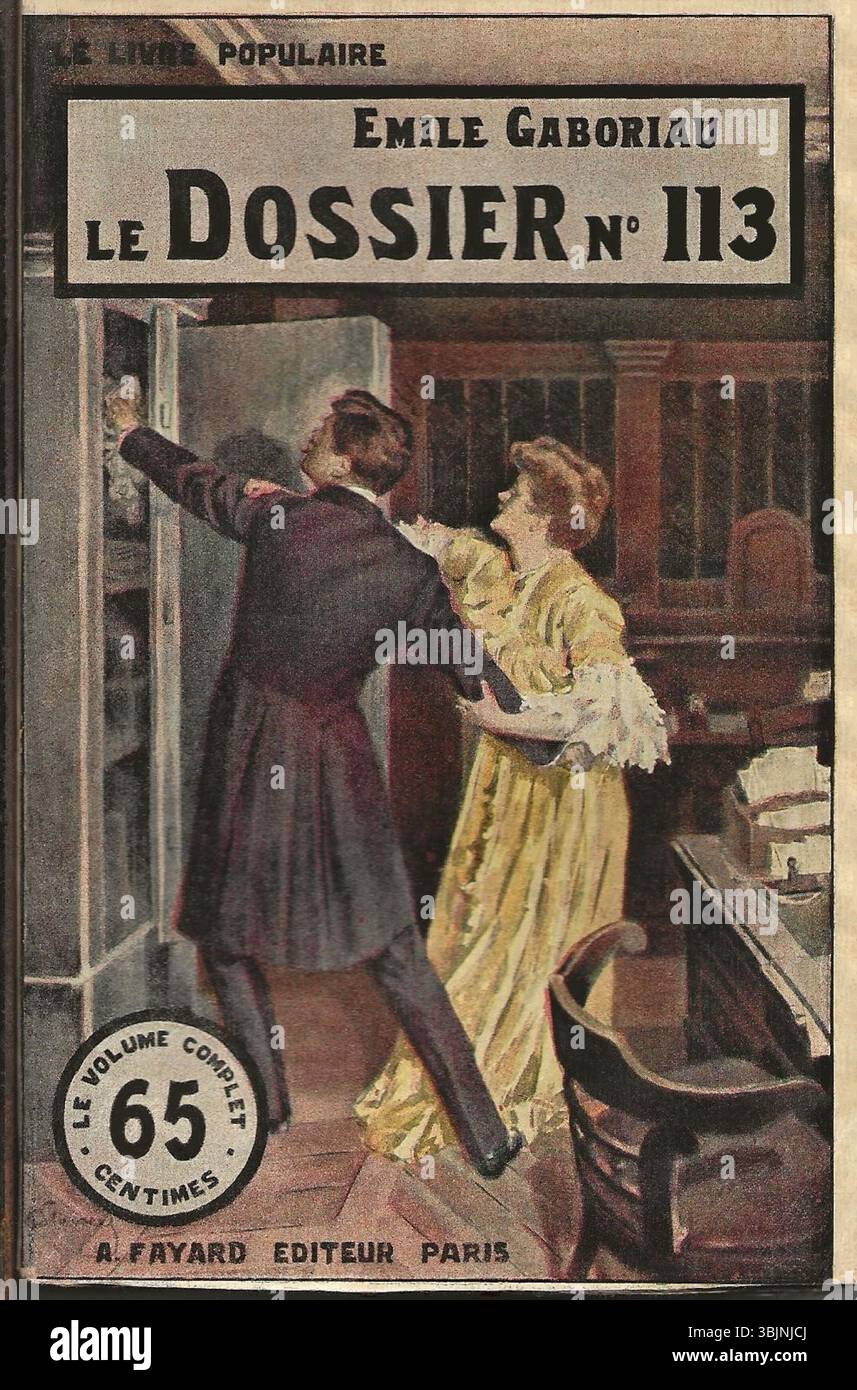 L'illustrazione del 1906 di Gino Starace per il romanzo francese le dossier n° 113 di Émile Gaboriau mostra un design dinamico della copertina. L'illustrazione presenta i temi drammatici del romanzo, catturando suspense e intrighi. Foto Stock