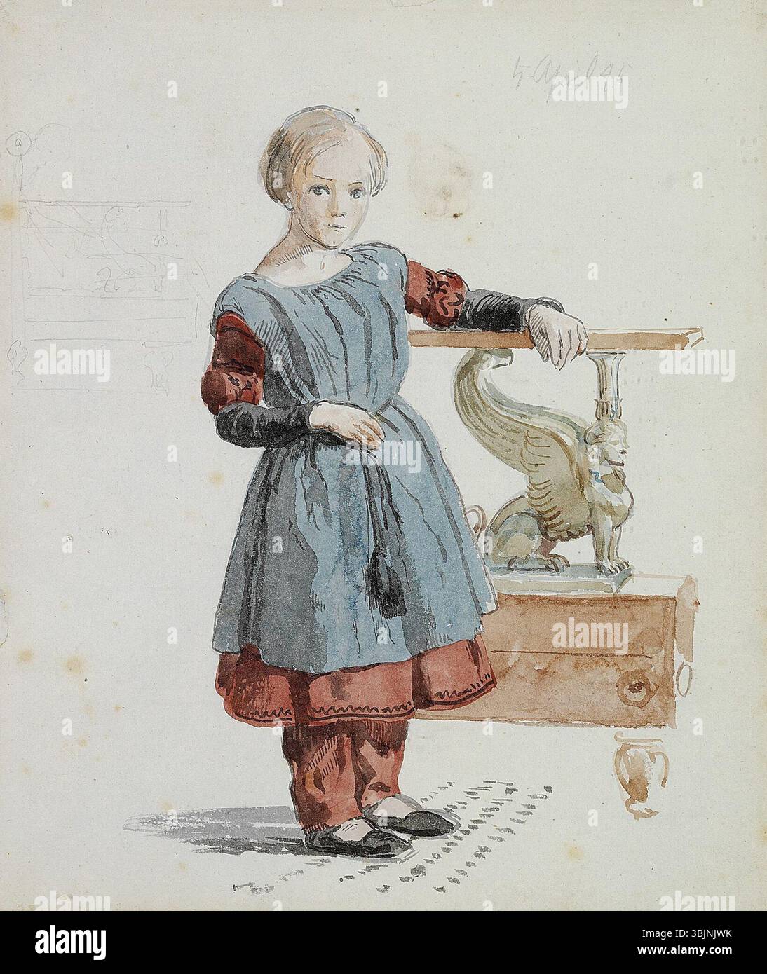 "Ritratto della figlia dello scultore Hermann Ernst Freund" di Johan Thomas Lundbye, disegnato nel 1845, raffigura la figlia in piedi vicino ad un modello di mobili. L'opera in penna e acquerello rappresenta la ritrattistica danese del XIX secolo. Foto Stock