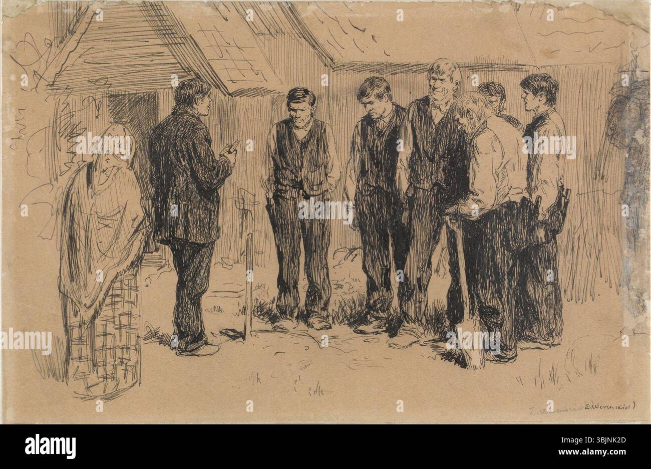 "EN bondebegravelse" (1878) di Erik Werenskiold è un disegno raffigurante una sepoltura contadina in Norvegia. La penna su carta cattura la solennità e le tradizioni rurali del tempo. Foto Stock