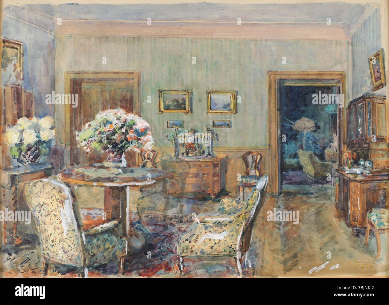 "Saloninterieur" di Hans Temple è una scena interna che mostra un salone. L'acquerello e il corpo bianco su matita su carta, firmato dall'artista, misura circa 34 x 44,5 cm, creato prima del 1931. Foto Stock