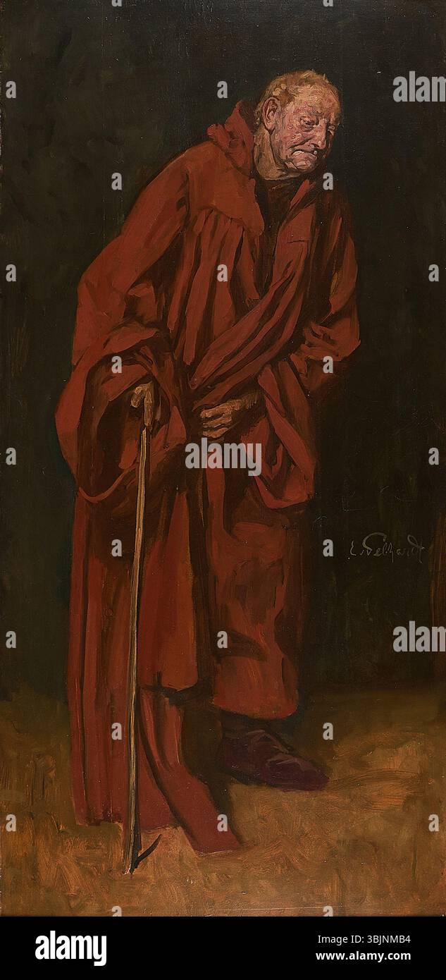 Il Ritratto eines alten Mannes im roten Hausmantel* di Eduard von Gebhardt (prima del 1925) presenta un anziano che indossa un abito rosso da casa. La pittura a olio su carta (91,5 x 44,5 cm) cattura l'espressione e il carattere dignitosi dell'uomo, mostrando la maestria di Gebhardt nella ritrattistica. Foto Stock