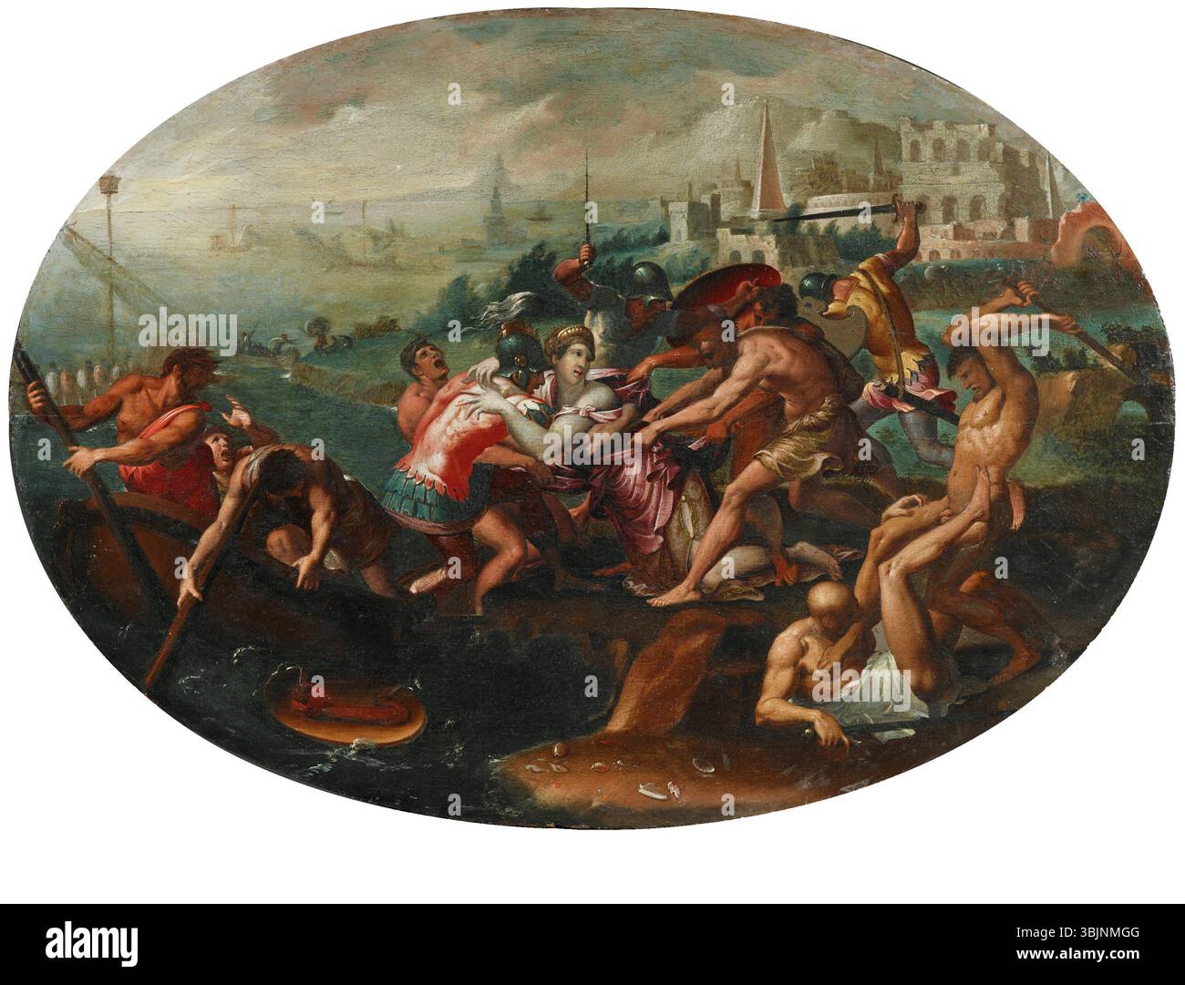 Il "rapimento di Elena" di Luca Penni (prima del 1556) è un dipinto ad olio su legno che raffigura la scena mitologica del rapimento di Elena di Troia. L'opera illustra il momento drammatico, con figure in abbigliamento classico e una composizione vivida e dettagliata. Foto Stock