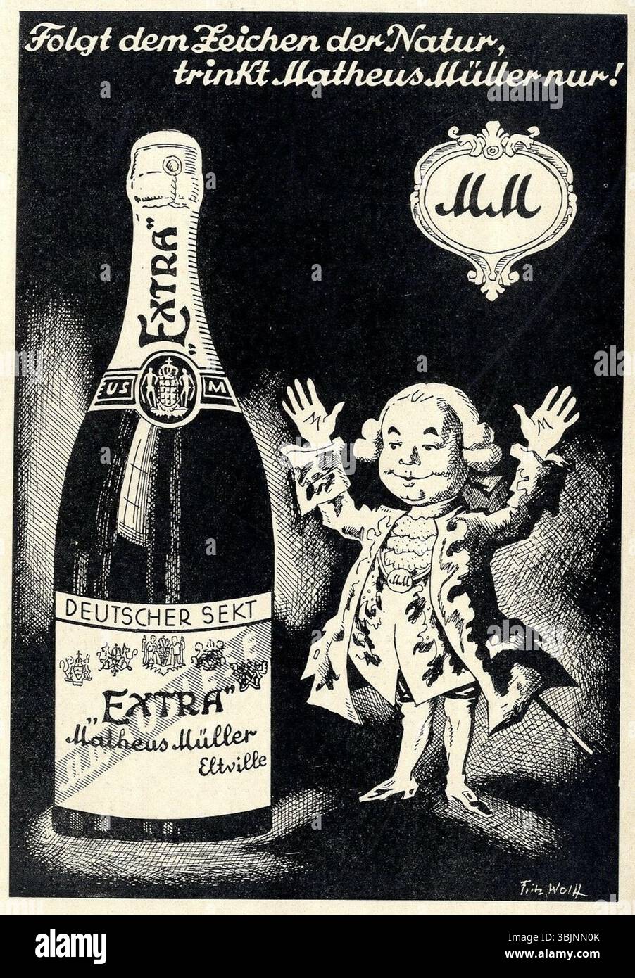 La caricatura di Fritz Wolff "Folgt dem Zeichen der Natur, trinkt Matheus Müller nur" (1928) critica umoristicamente una figura popolare, usando caratteristiche esagerate per enfatizzare i tratti del soggetto. La caricatura riflette l'umorismo sociale e politico della Germania degli anni '1920. Foto Stock