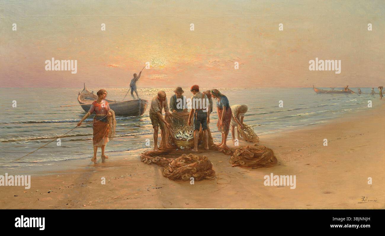 *La sciabica* (1910-1915) di Pasquale Celommi cattura un momento storico che coinvolge la tradizionale tecnica di pesca siciliana della *sciabica*. Il dipinto raffigura i pescatori che lavorano con le reti in riva al mare. Foto Stock