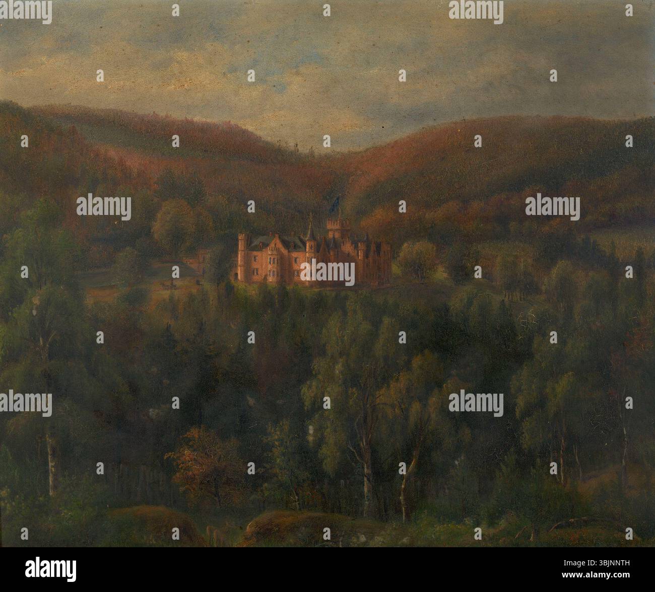 August Becker (1822–1887) dipinse "A View of Schloss Waldleiningen" nel 1863. Questo paesaggio a olio su tela ritrae la tenuta Schloss Waldleiningen, caratterizzata da elementi architettonici e paesaggi naturali circostanti tipici dell'arte paesaggistica del XIX secolo. Foto Stock