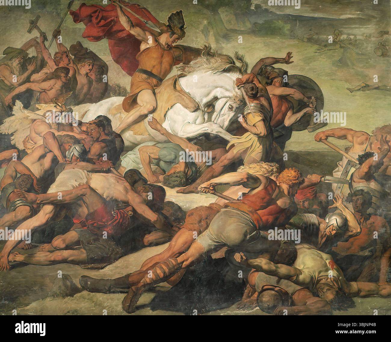 "Der siegreich vordringende Hermann" ("l'Hermann vittorioso che avanza"), dipinto da Peter Janssen nel 1873, raffigura Hermann (Arminius) durante la battaglia della foresta di Teutoburgo nel 9 d.C. Il dipinto cattura la sua vittoriosa avanzata contro le legioni romane. Foto Stock