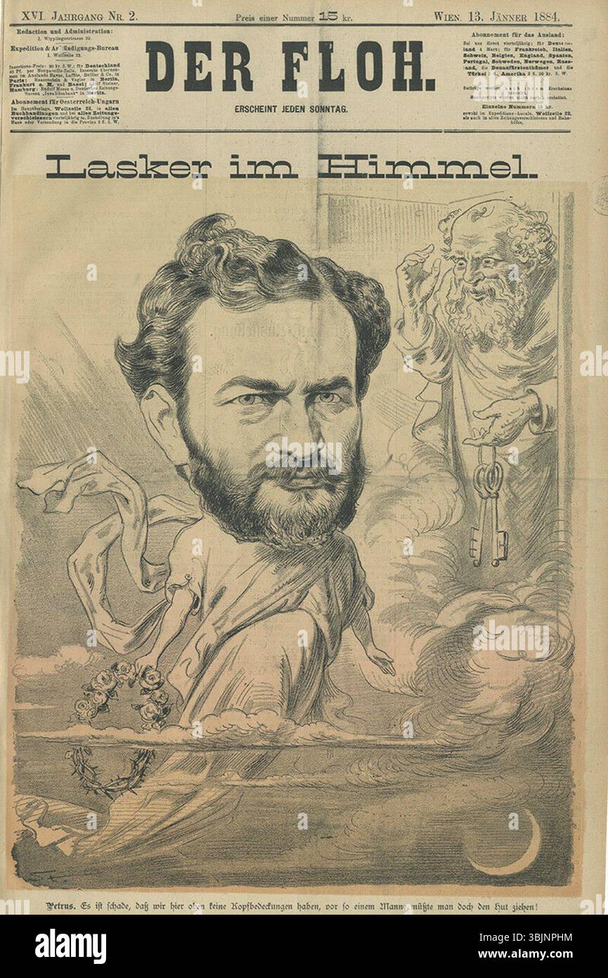 Il disegno del 1884 di Carl Edler von Stur 'Eduard Lasker in Heaven' è una caricatura in bianco e nero che raffigura il politico tedesco Eduard Lasker in un ambiente paradisiaco. Il lavoro è stato pubblicato sulla rivista satirica Der Floh. Foto Stock