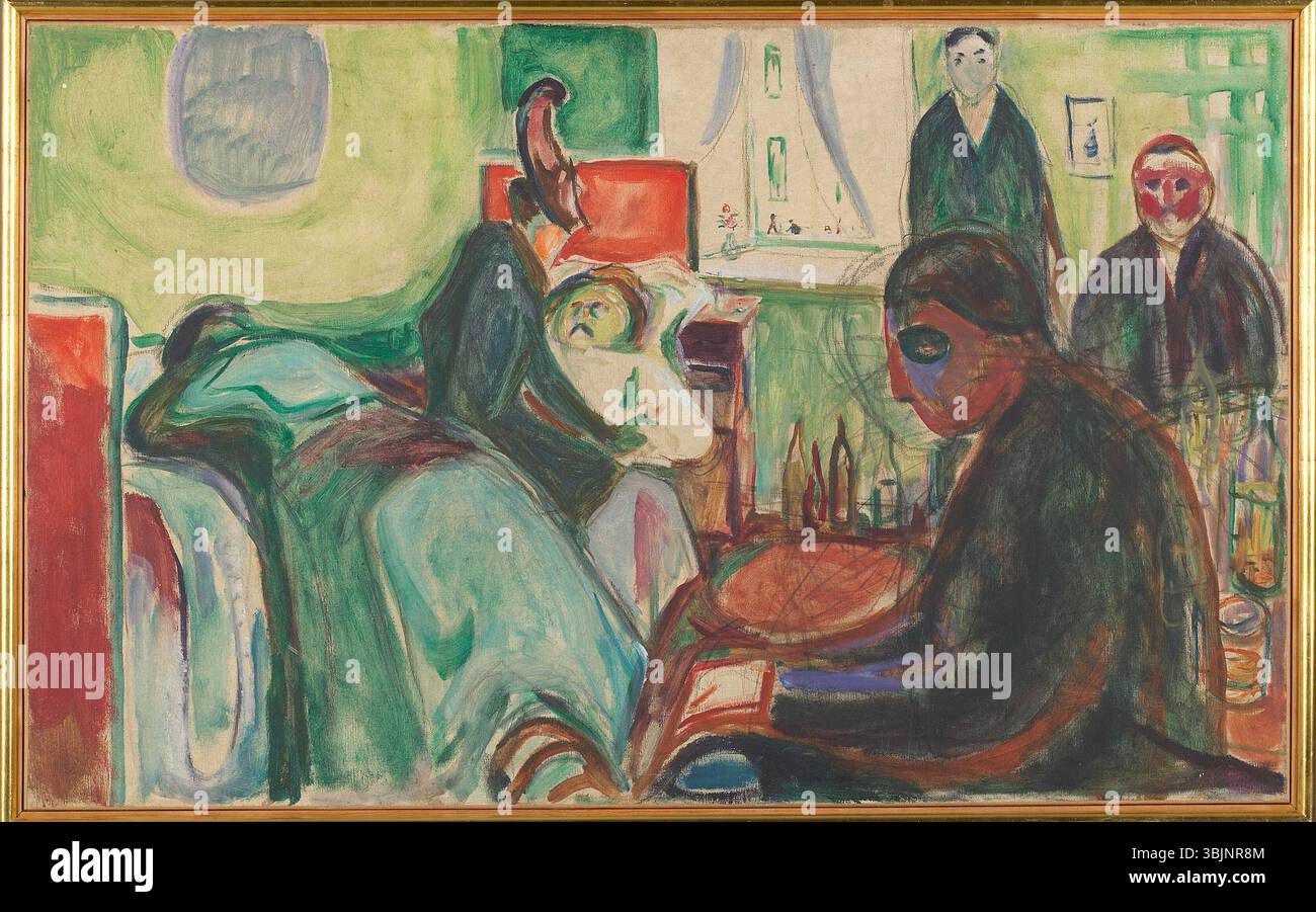 "The Death of the Bohemian" di Edvard Munch (1863-1944) fu creato tra il 1925 e il 1926 in olio su tela. Il dipinto esplora temi di decadimento e crisi esistenziale, raffigurando una scena drammatica di una figura bohémien, simboleggiando la contemplazione dell'artista sulla natura fugace della vita e della fama artistica. Foto Stock