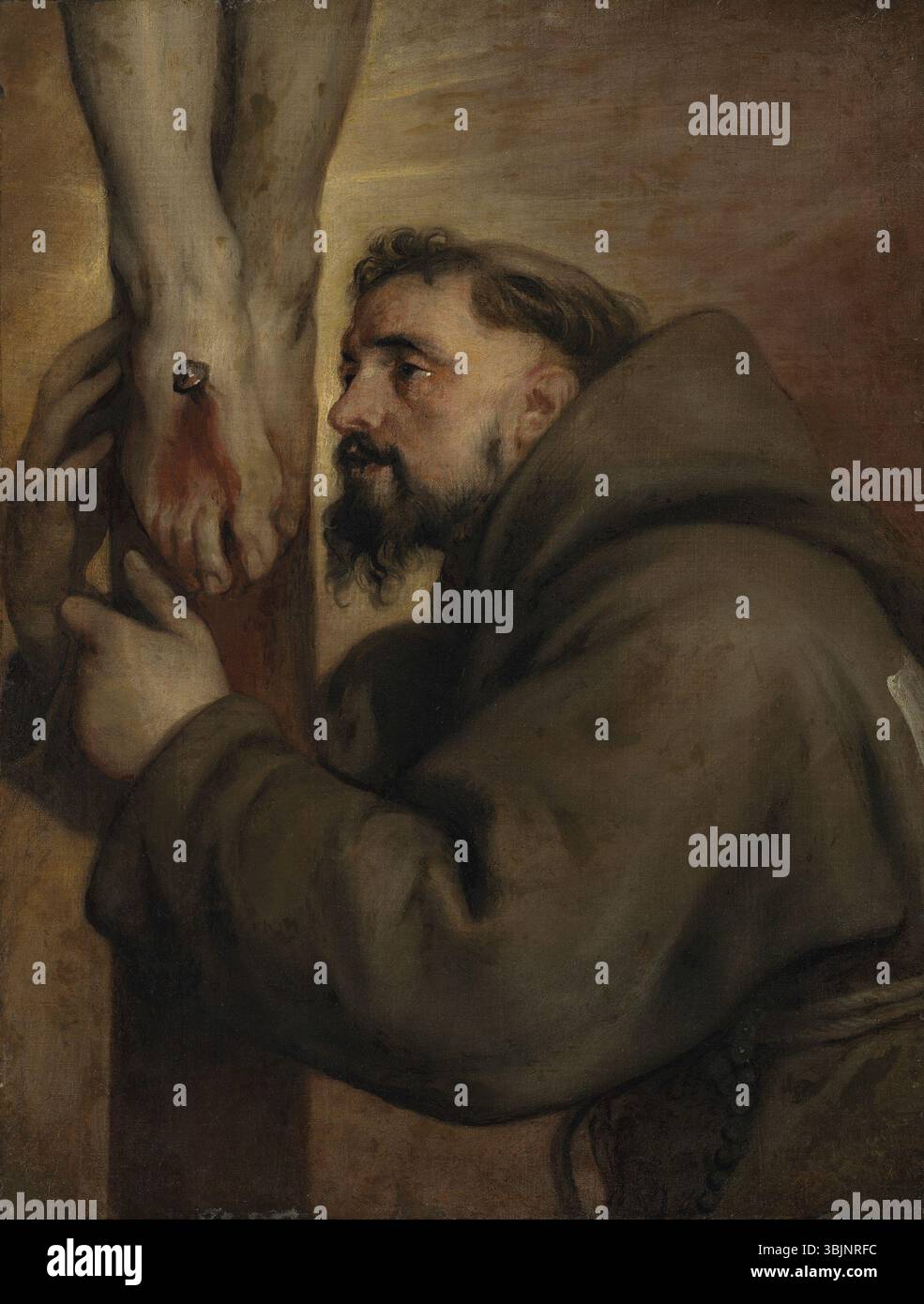 «San Francesco d'Assisi ai piedi della Croce» è un dipinto ad olio di Sir Anthony van Dyck (1599-1641). Raffigura San Francesco d'Assisi in un momento di riflessione e devozione sotto la croce, dimostrando la maestria di van Dyck nella ritrattistica religiosa in stile barocco. Foto Stock