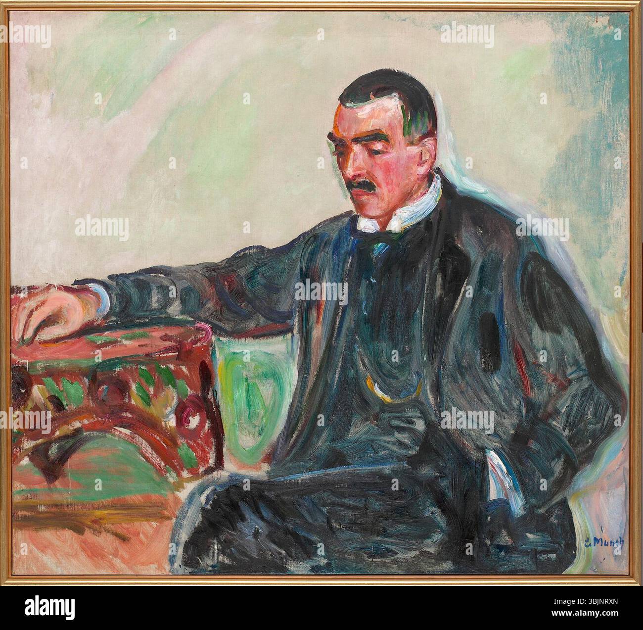 Jappe Nilssen (1909) è un ritratto dello scrittore norvegese Jappe Nilssen di Edvard Munch. Dipinto ad olio, il lavoro cattura la somiglianza di Nilssen, evidenziando la padronanza di Munch del realismo psicologico e della profondità emotiva. Foto Stock