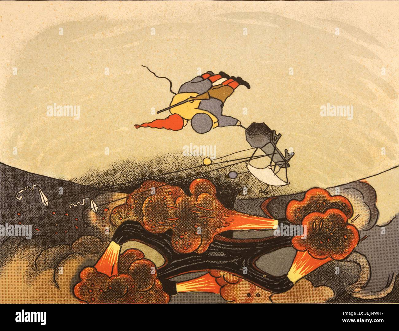 L'illustrazione del 1905 di Eric O. W. Ehrström per il libro "Around the Earth in an Airplane" presenta una visuale stravagante e fantasiosa di un aereo simile a un vortice. Il disegno accompagna la storia d'avventura finlandese di due personaggi, Olli e Onni, che viaggiano per il mondo. Foto Stock
