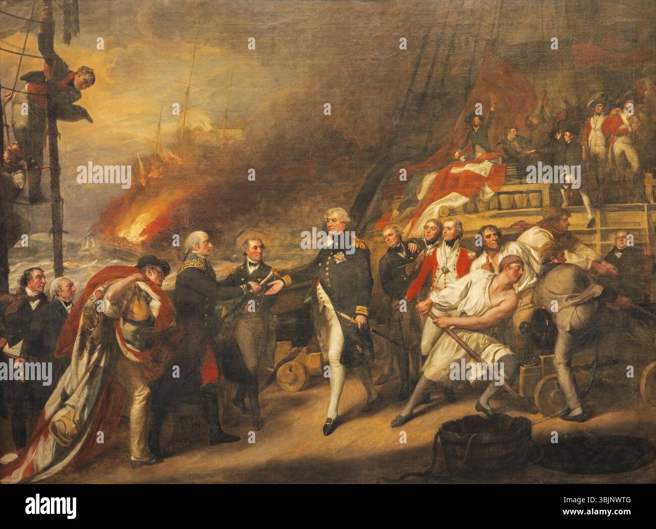 Il dipinto di John Singleton Copley del 1799 "la resa dell'ammiraglio olandese de Winter all'ammiraglio Duncan nella battaglia di Camperdown" raffigura la storica resa navale durante le guerre napoleoniche, catturando il momento della vittoria per l'ammiraglio britannico Duncan. Foto Stock