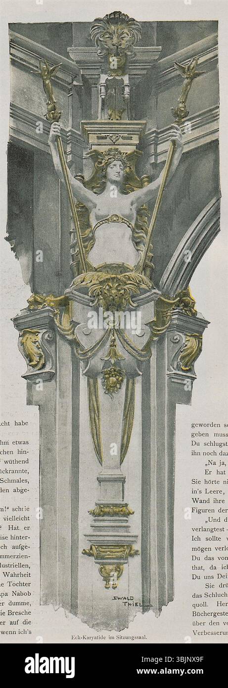 Ewald Thiel (nato nel 1855) dipinse prima del 1895 un cariatide angolare all'interno della sala riunioni del Reichstag. Questa opera d'arte enfatizza gli elementi architettonici scultorei all'interno dell'edificio politico. Foto Stock